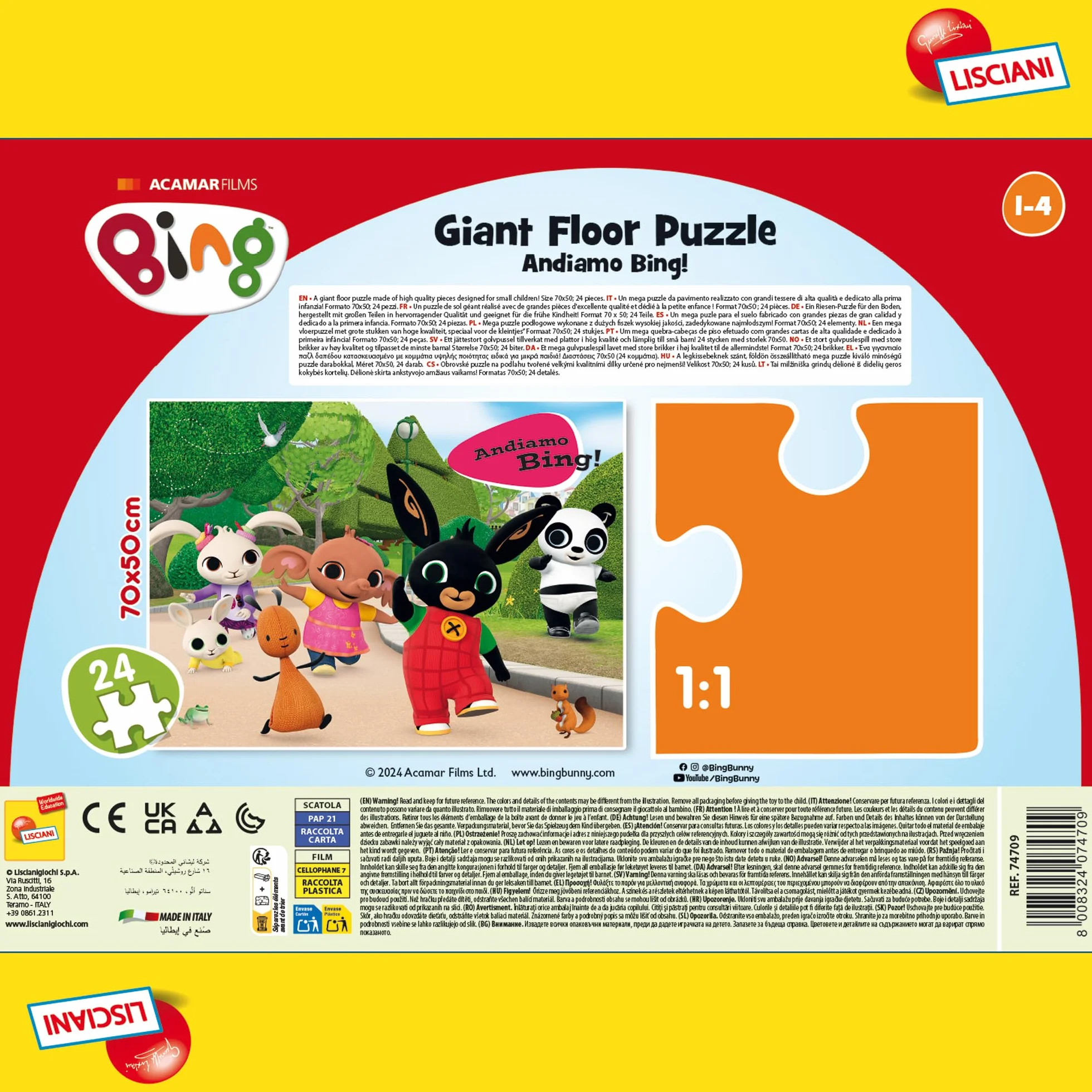Liscianigiochi - BING GIANT FLOOR Mega Puzzle 24 PCS 70x50 cm - Vamos Bing! Juego educativo para niños de 1 á 4 años (74709)
