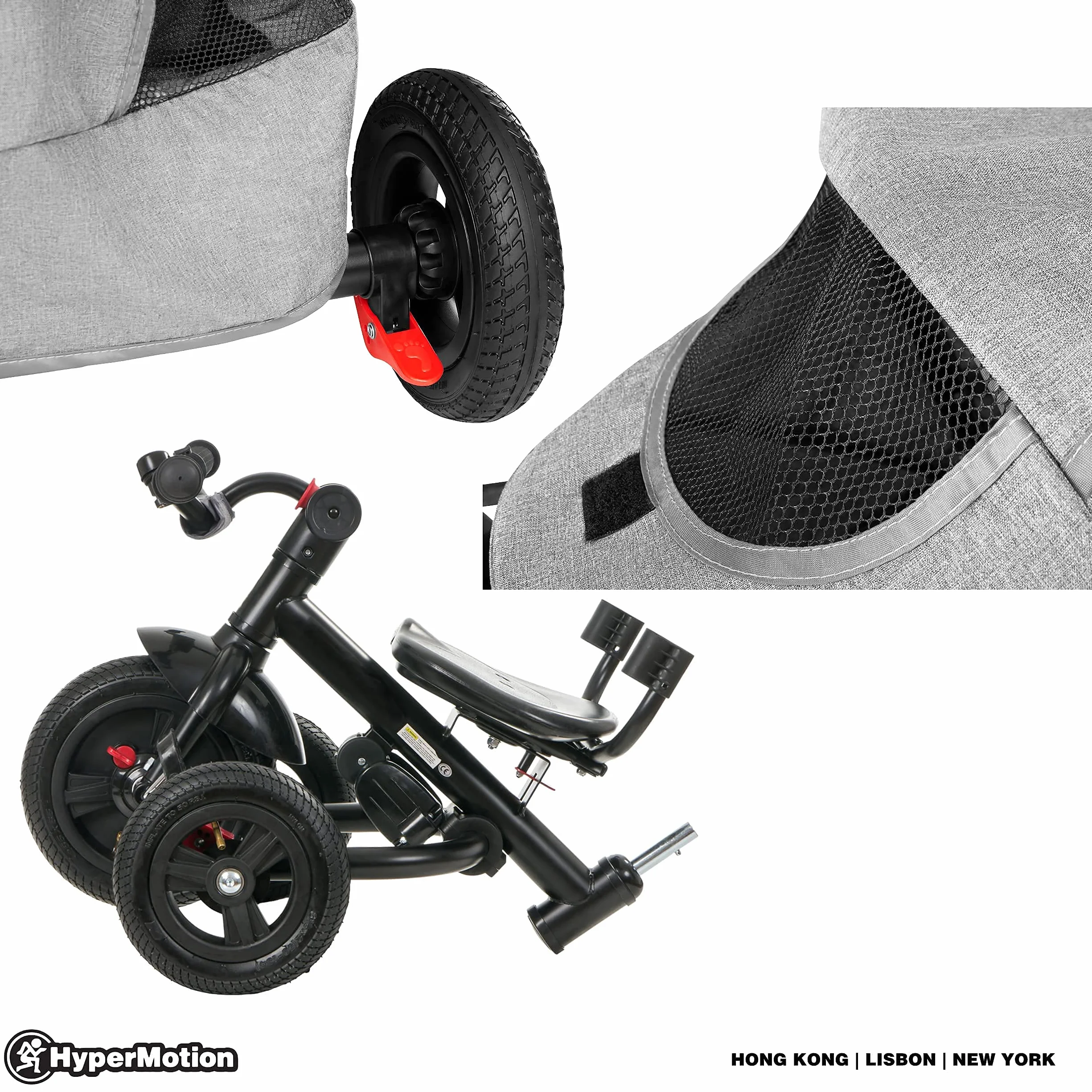 HyperMotion Triciclo Infantil 3 en 1 - Coche para Bebé con Asiento Giratorio y Cubierta de Lluvia - Triciclo Evolutivo 12 Meses a 5 Años, Plegable, Ruedas Bombeadas, 25kg, Gris