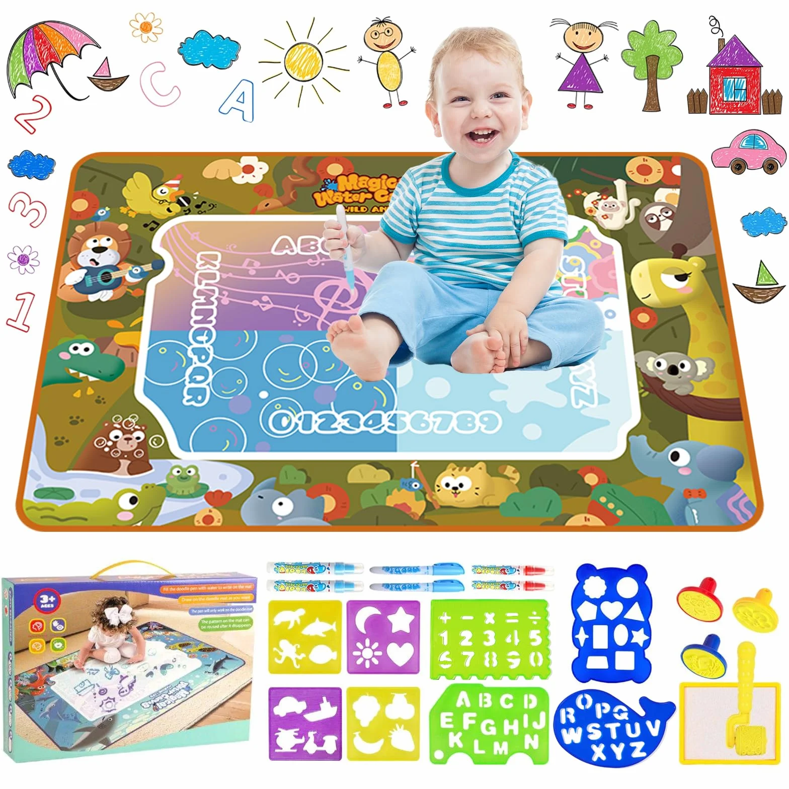 Agua Dibujo Pintura,150 X 100 cm Alfombra Pintar Agua Niños,Doodle Esteras Mágicas,Alfombra con Juego de Herramientas de Pintura,Juguete Educativo Regalo para Crear y Divertirse Sin Manchas