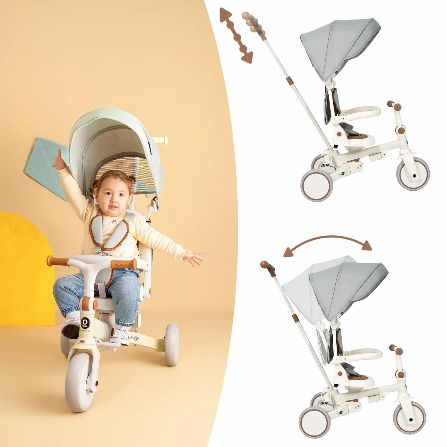 Olmitos - Triciclo Evolutivo de Bebé 5 en 1 - Bicicleta Niños Desde 1 Año hasta 25 Kg - De Triciclo a Bicicleta con o sin Pedales – Adaptable y transformable (Evol, Gris)