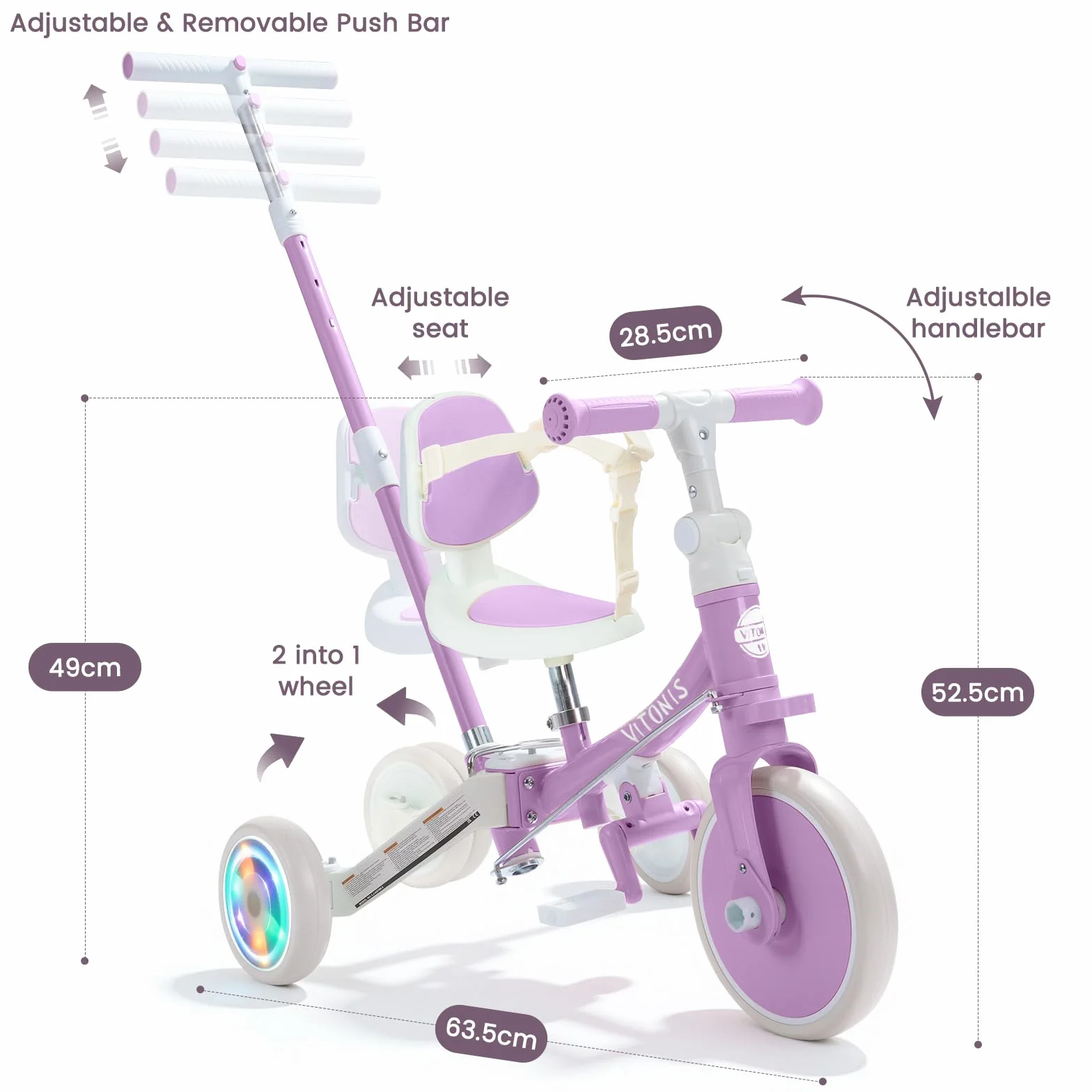 VITONIS Triciclo Infantil 5 en 1 para niños de 18 Meses a 5 años, con Ruedas Luminosas, Barra de Empuje, Respaldo y cinturón de Seguridad, Regalo para niños y niñas, Bicicleta sin Pedales, Morado