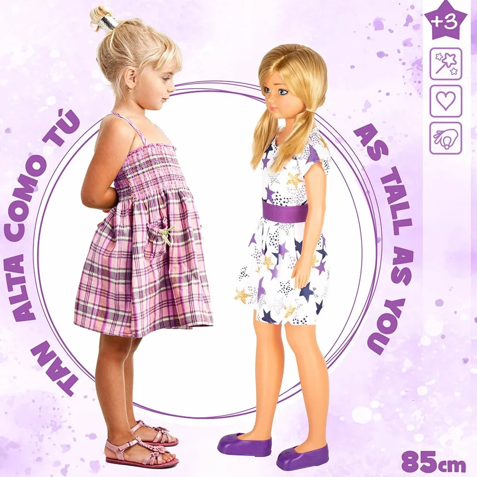 ColorBaby - Muñeca María Grande articulada, 85 cm, Pelo Rubio y Largo, para peinar, Piernas y Brazos articulados, Vestido Estrellas, Ropa con Velcro, Juguetes niños 3 años (47699)