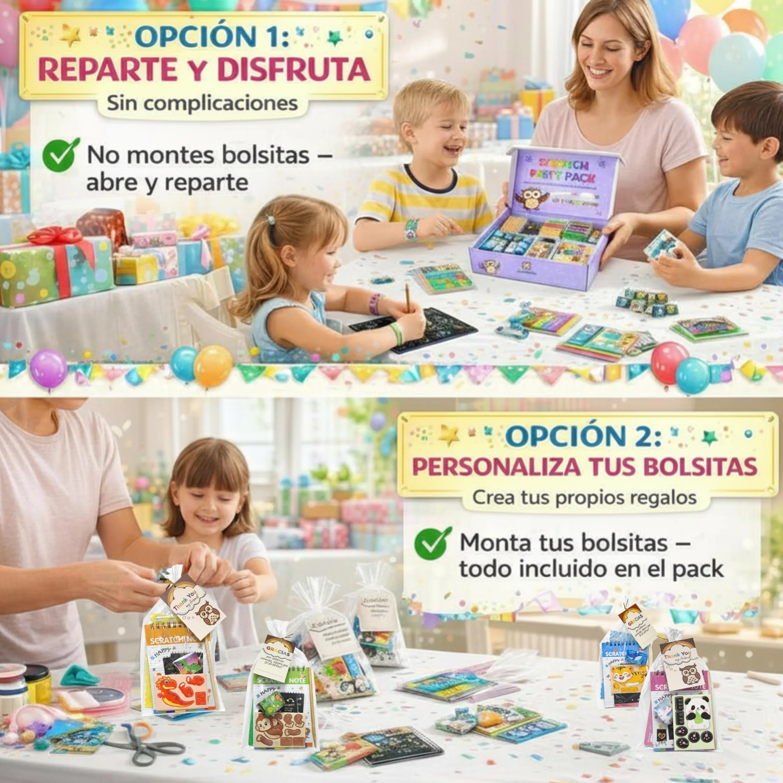 Pack 24 Invitados Regalos Cumpleaños Niños Colegio con Pulseras Silicona Slap Puzzle 3D Scratch Art Bolsas Individuales