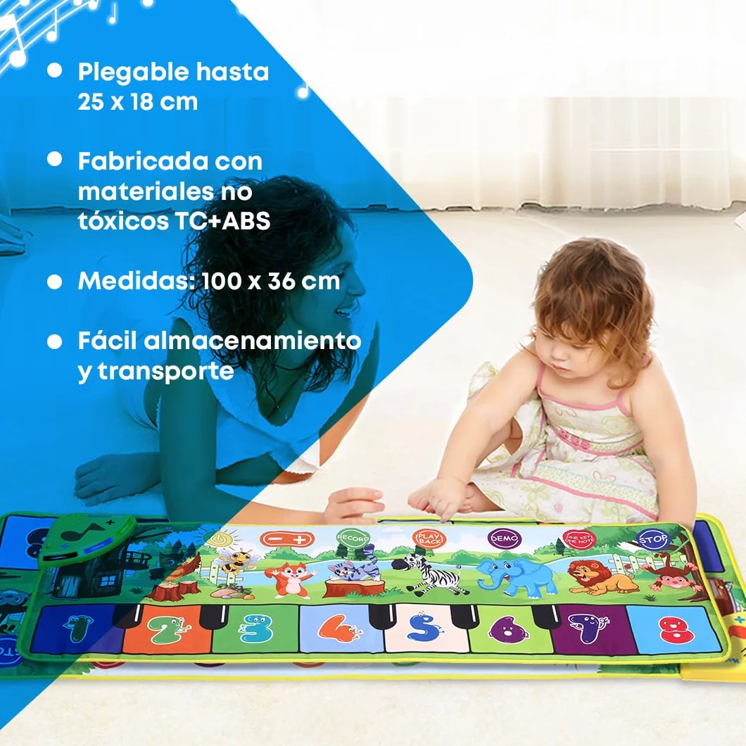 NK Alfombra Musical para Bebé con 8 Sonidos de Animales LED - Piano Infantil Juguete para Niños 3 4 5 años, Regalo Original Montessori Cumpleaños Navidad, Plegable, Función Record/Playback (110x36cm)