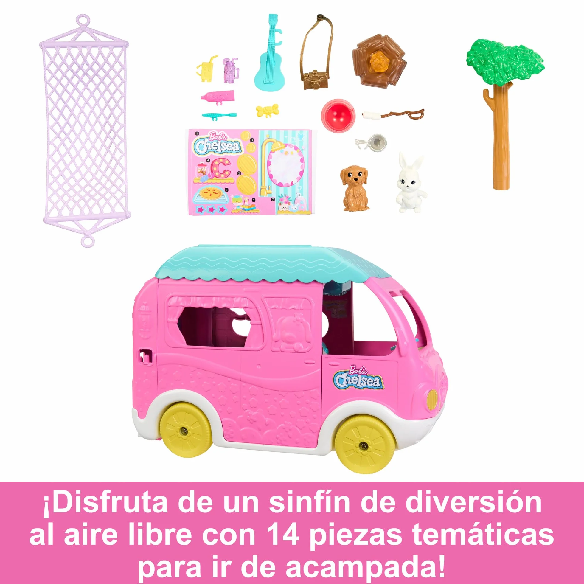 Barbie Chelsea con Furgoneta Camper Muñeca con Coche de Juguete Autocaravana y Accesorios, +3 años (Mattel HNH90)