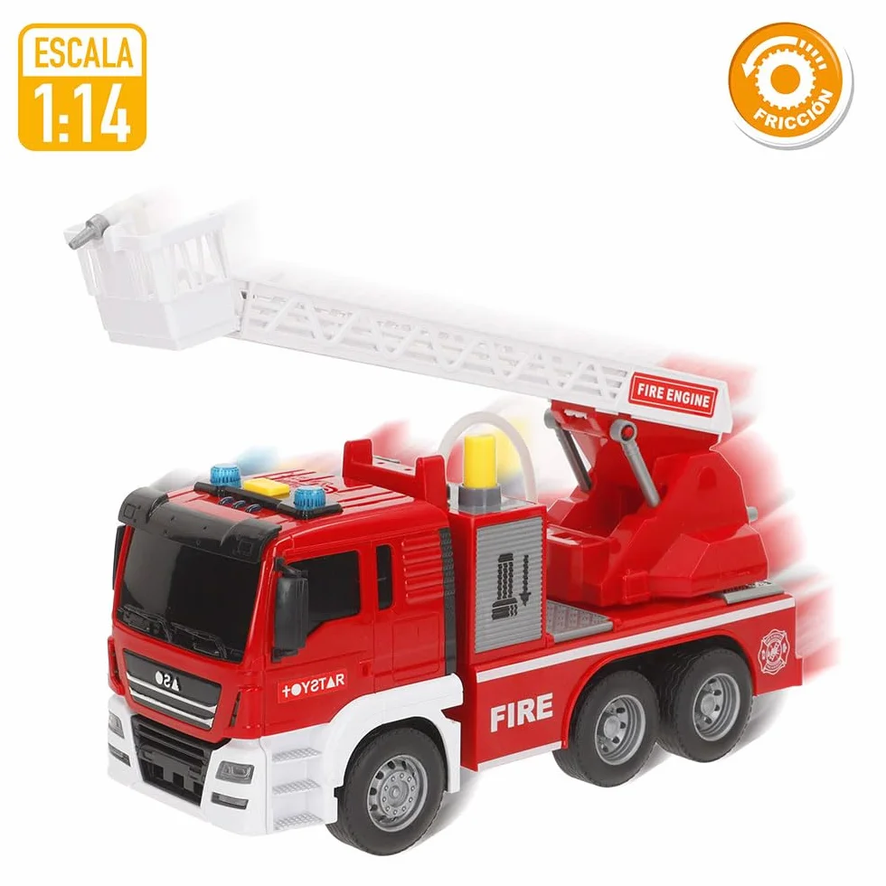 ColorBaby Speed & Go Camión Bomberos Juguete, con Luces y Sonidos, Grúa y Manguera interactivas, Agua de Verdad, Sistema de fricción, Escala 1:14, Rescate, para niños a Partir de 3 años (39063)