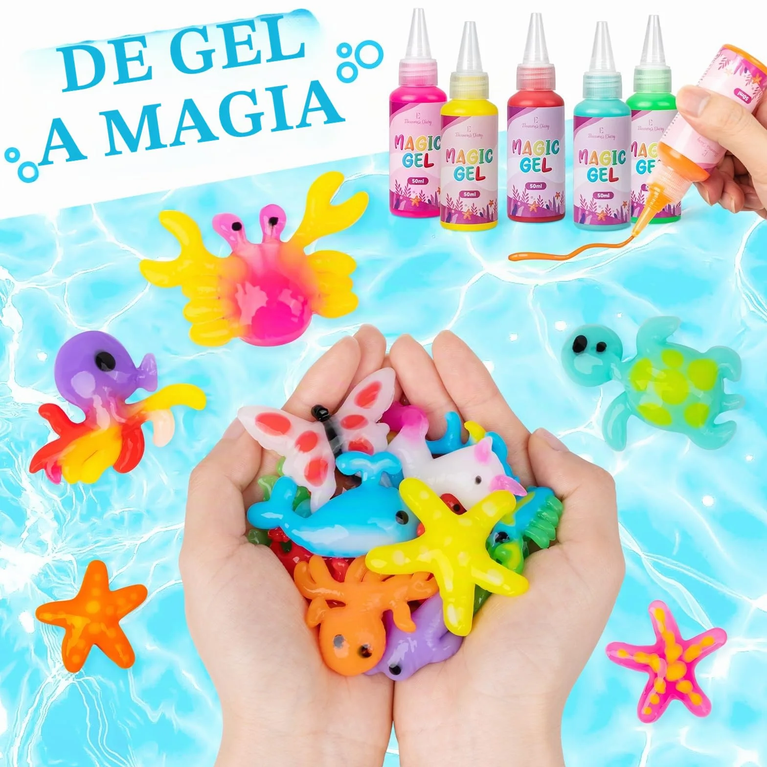 Eleanore's Diary Aqua Gelz Creative Set, Magic Water Elf, Aquagelz 3D Creative Set de Geles Mágicos Océano, Kits de dibujo para Niños con 12 Botellas de Gel de Color y 12 Formas, Juego Dibujo Niños