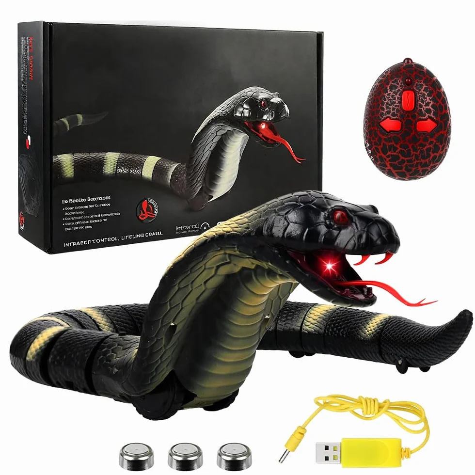 Serpiente teledirigida, RC teledirigido cobra serpiente, serpiente de juguete eléctrico, con mando a distancia, ojos LED brillantes, lengua retráctil