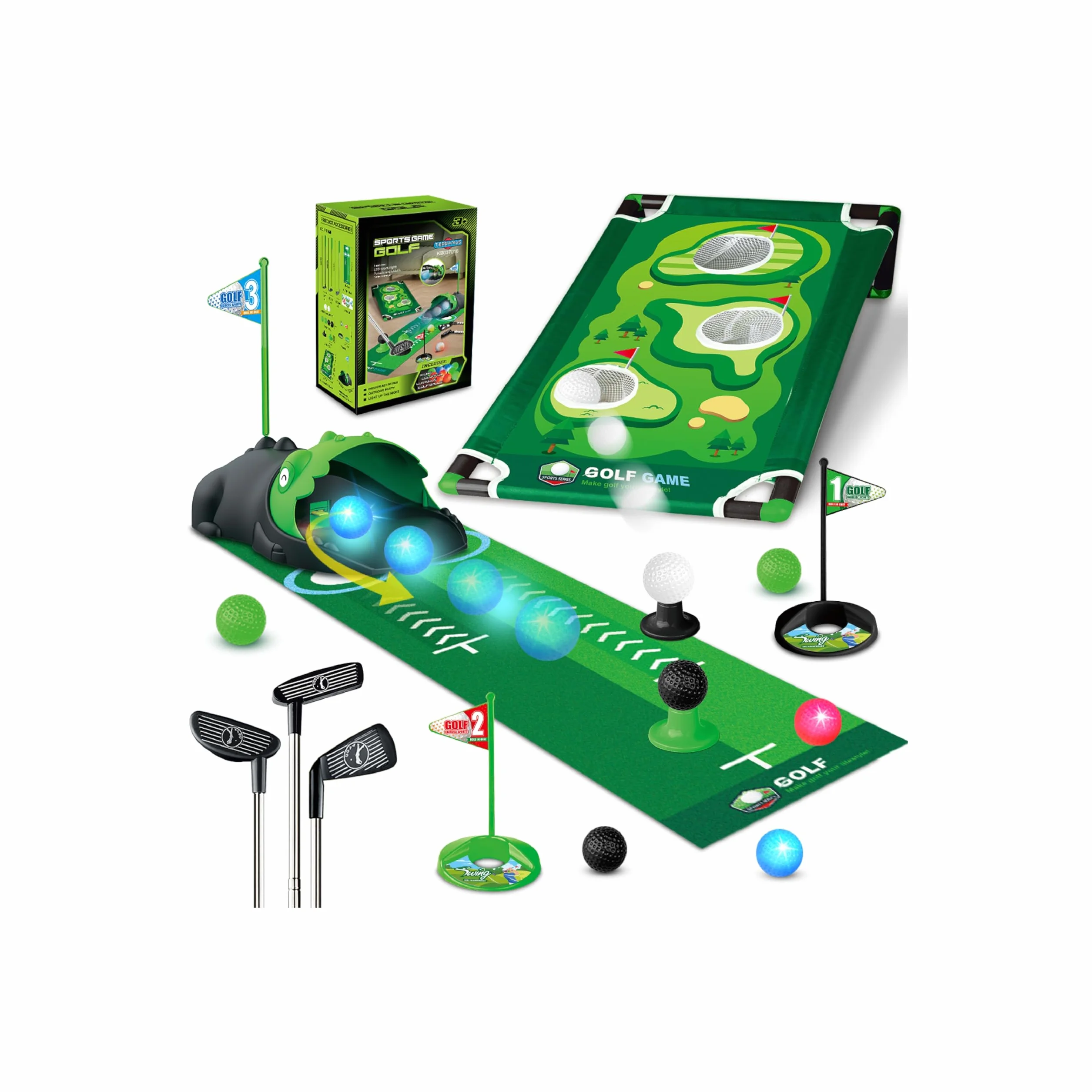 TERRAMUS Set de Golf 3 en 1 para Niños con Devolvedor de Golf Automático de Dinosaurio, Tablero de Cornhole de Golf, Pelotas Iluminadas con LED, Tapete de Putting,Juguetes,Juegos de Mini Golf Pequeños
