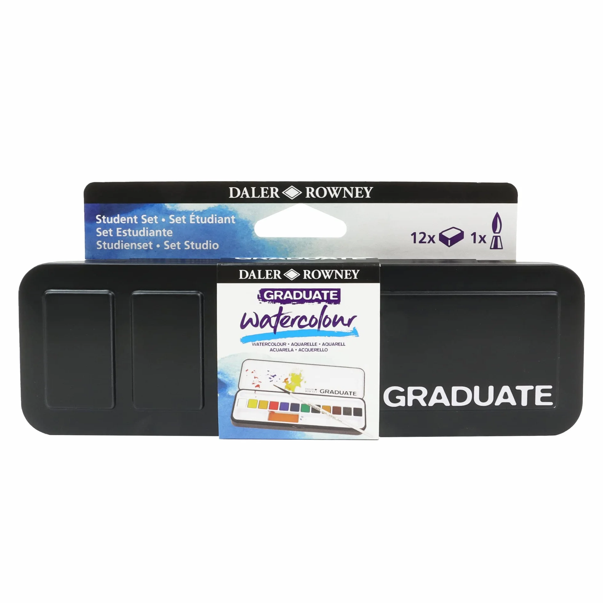 Daler-Rowney Graduate Acuarelas Profesionales, Set de Acuarelas 12 Colores con Pincel, Kit Acuarela Portátil en Caja Metálica, Estuche para Estudiantes, Artistas y Manualidades