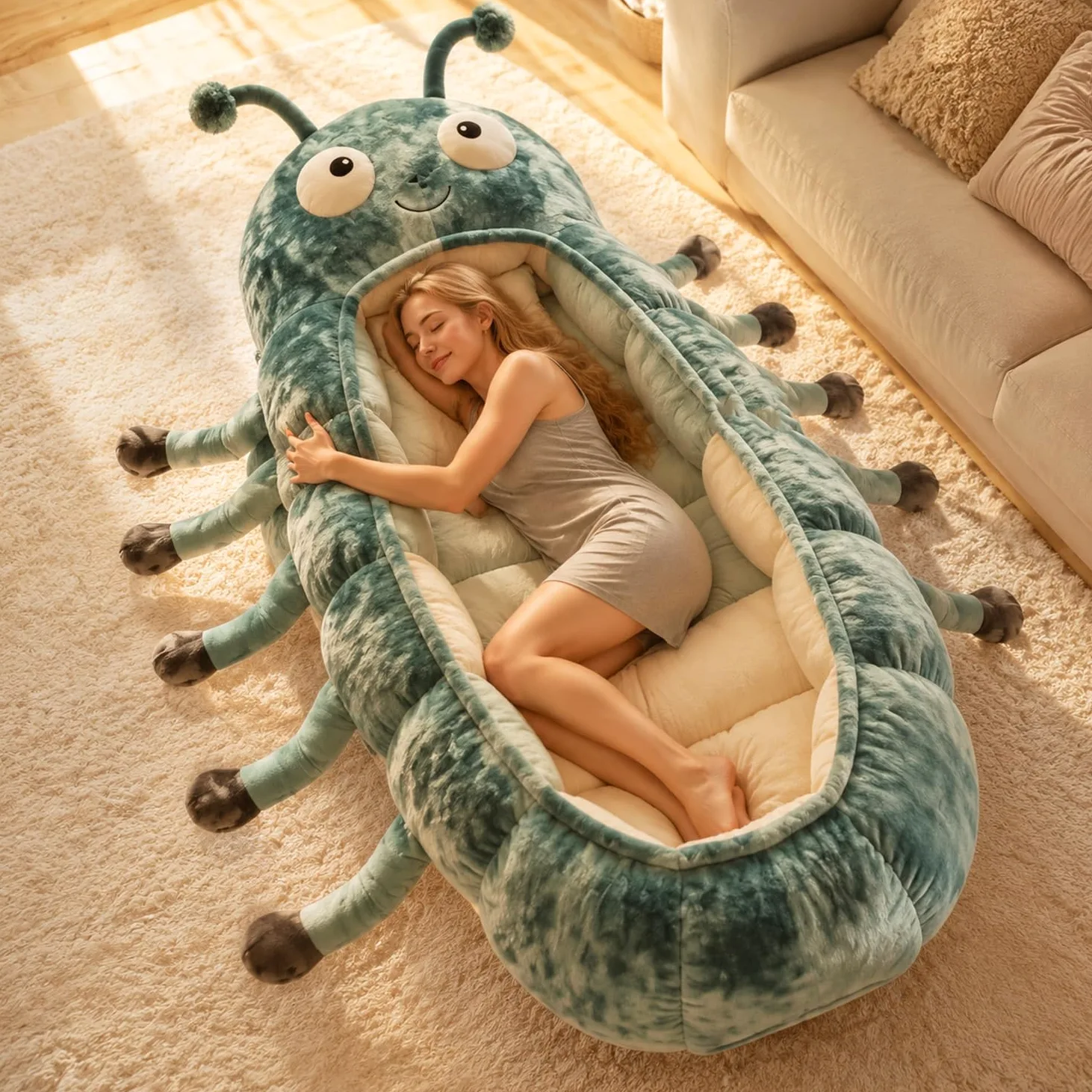Caterpillar - Saco de dormir de felpa súper suave, forma de capullo de una pieza, plegable, portátil para casa, viajes, camping, bonito diseño de animales (90 pulgadas de longitud)