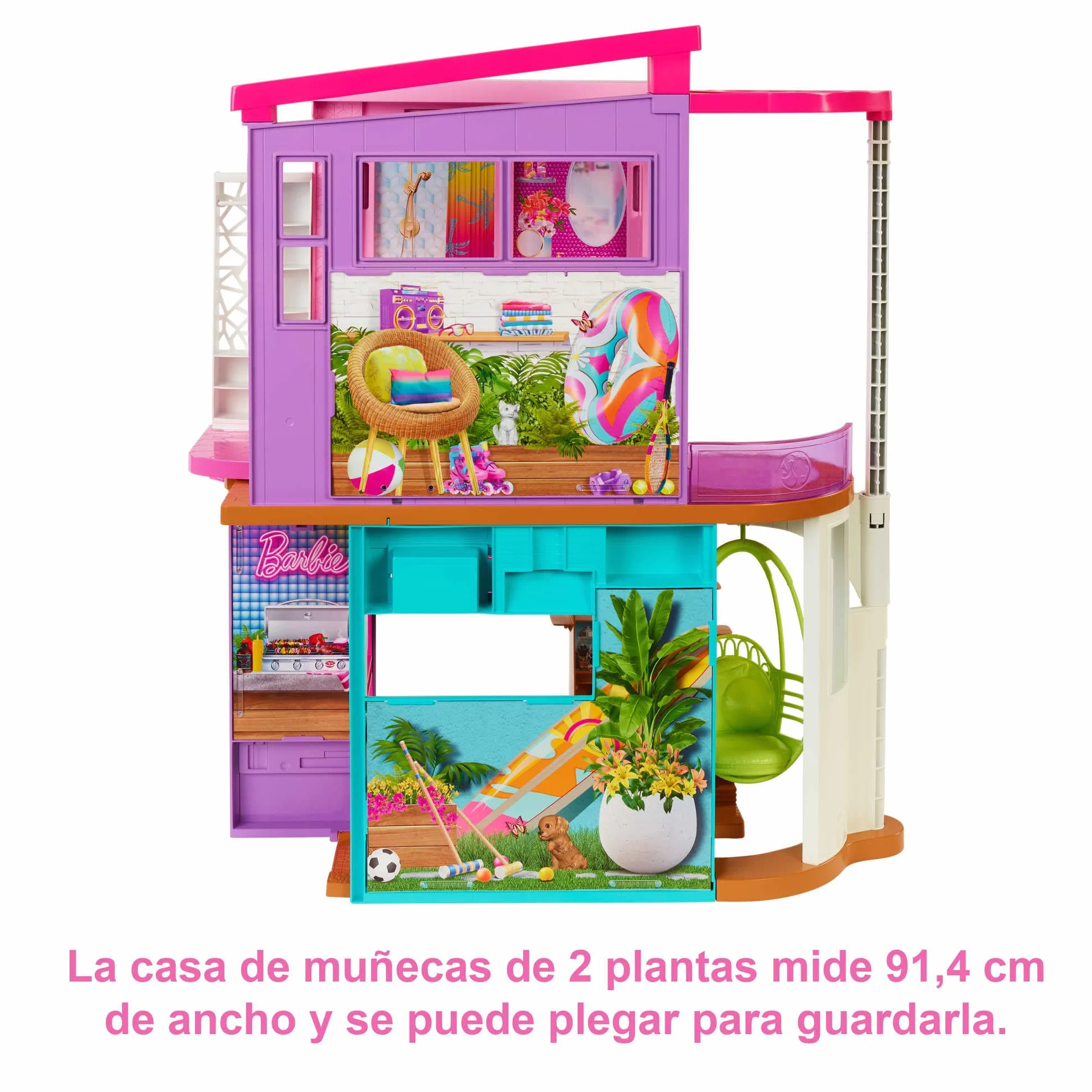 Barbie Casa Malibú Casa de muñecas plegable 2 pisos con 6 habitaciones y muebles, incluye 30 accesorios, juguete de regalo +3 años (Mattel HCD50)