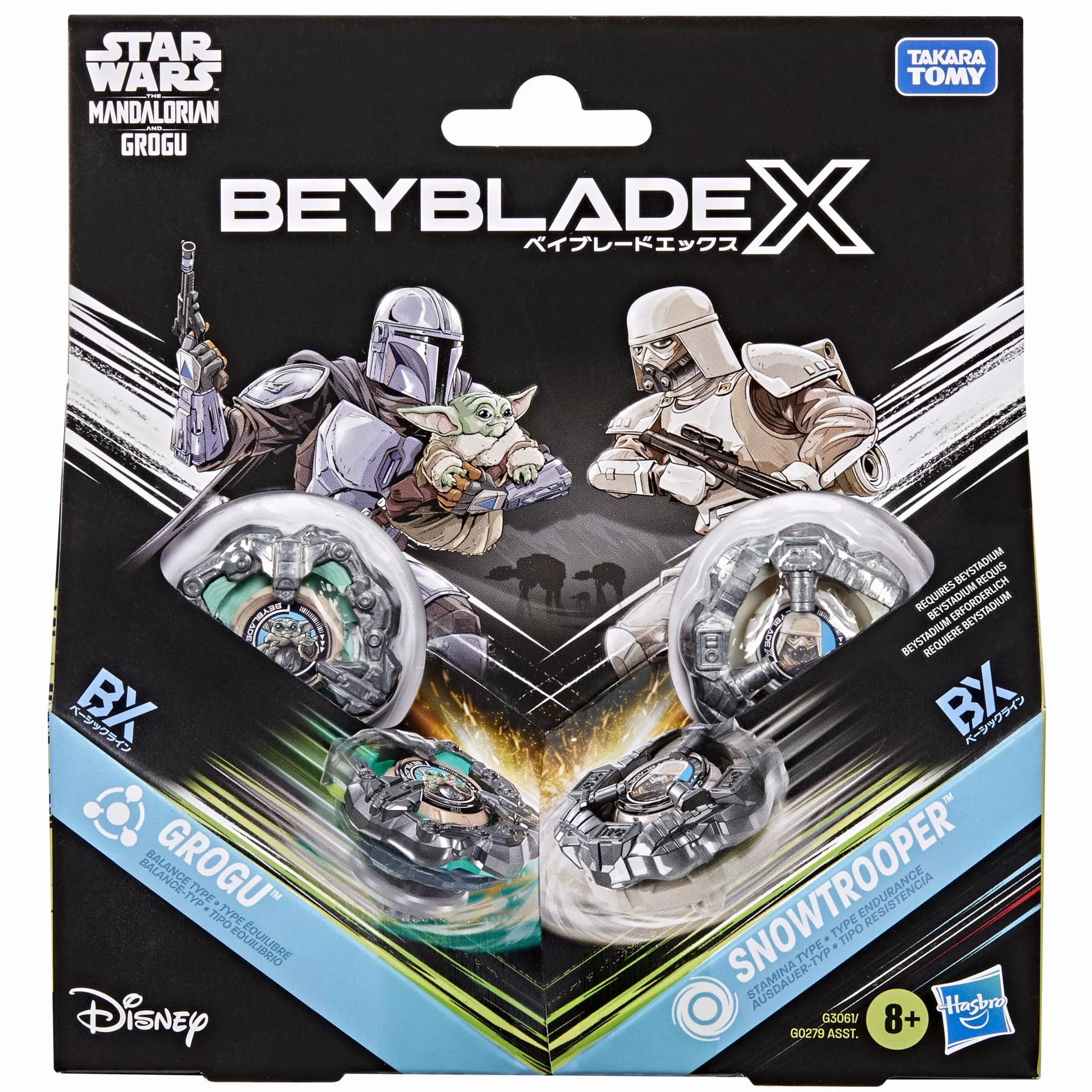 Colaboración Beyblade X y Star Wars, Grogu vs. Snowtrooper, 2 Tops de Batalla Takara Tomy, 2 lanzadores, Juguetes Star Wars, A Partir de 8 años