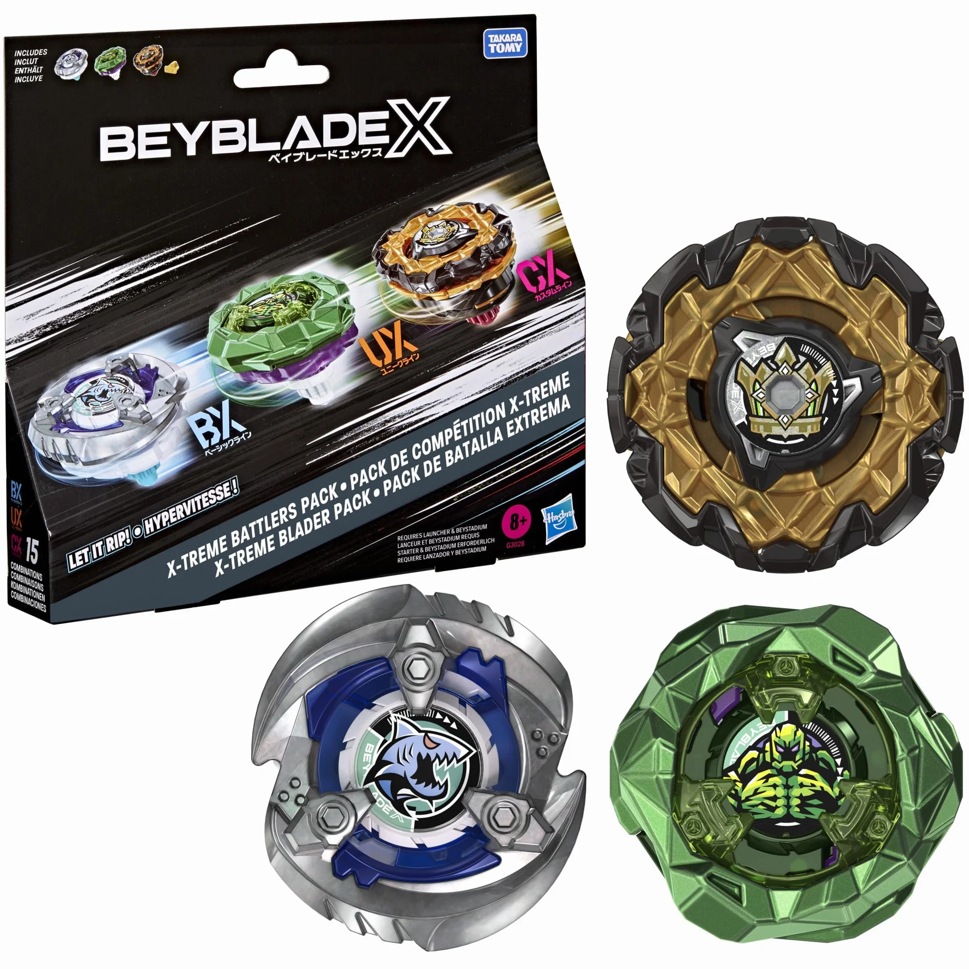 Beyblade X, Pack de Batalla Extrema, Incluye 3 Tops de Batalla Beyblade X Takara Tomy, Edad: A Partir de 8 años