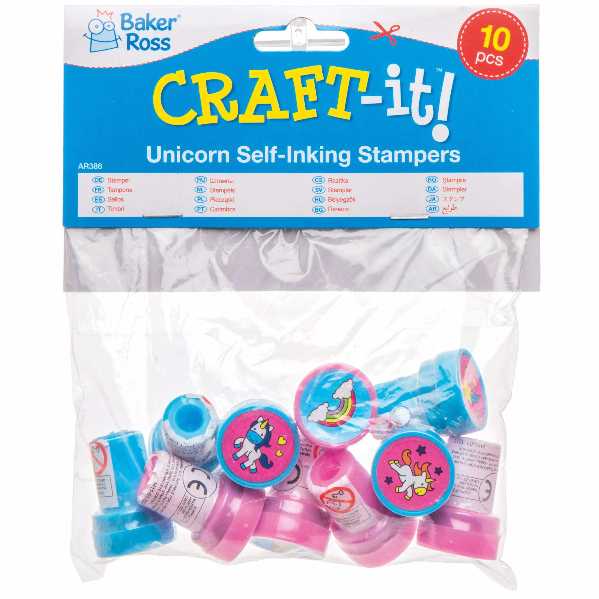Baker Ross- Sellos de Unicornios con entintado automático (Pack de 10) para Crear Decoraciones y Manualidades