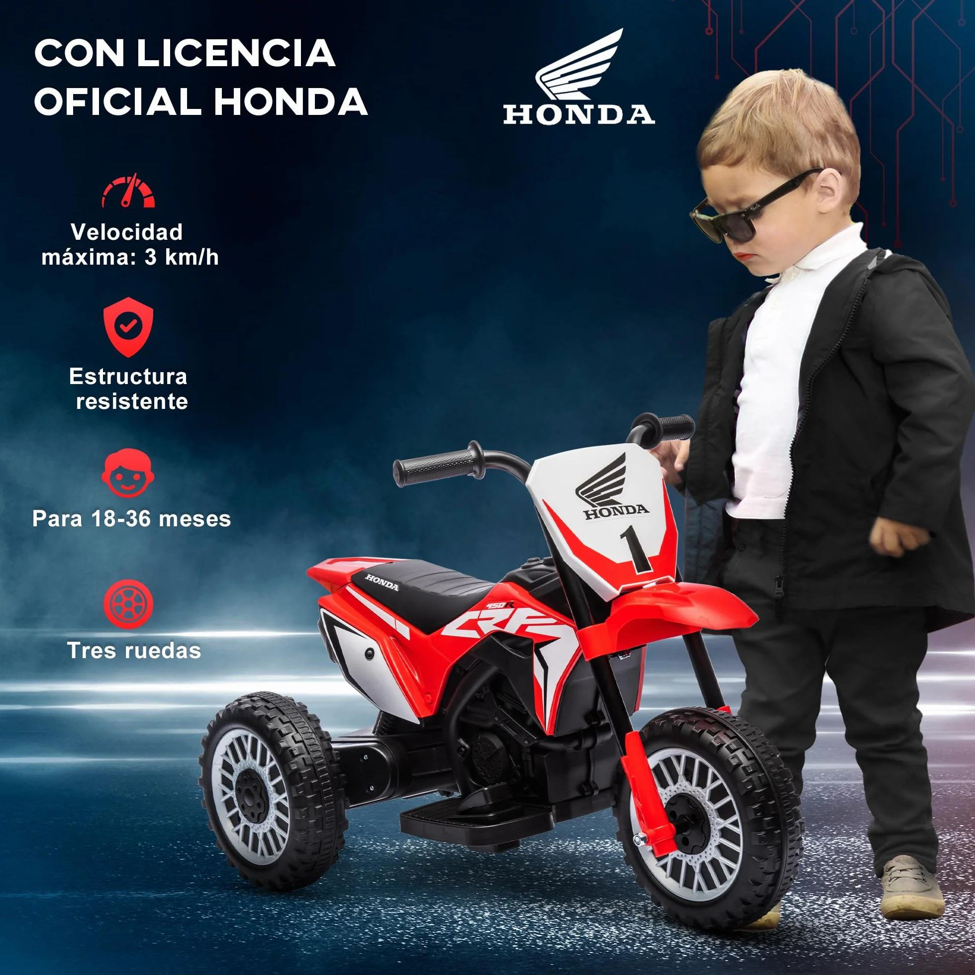 HOMCOM Moto Eléctrica con Licencia Honda CRF450RL para Niños de +18 Meses Motocicleta de Batería 6V con Velocidad 3 km/h Bocina y Sonido de Arranque Carga 25 kg 71x40,5x43,5 cm Rojo