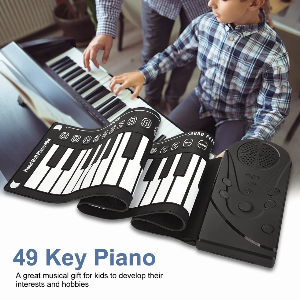 Teclado electrónico, 49 teclas portátil, piano roll-up compacto, fácil de usar, diseño ligero, para niños principiantes, entretenimiento familiar, aprendizaje musical