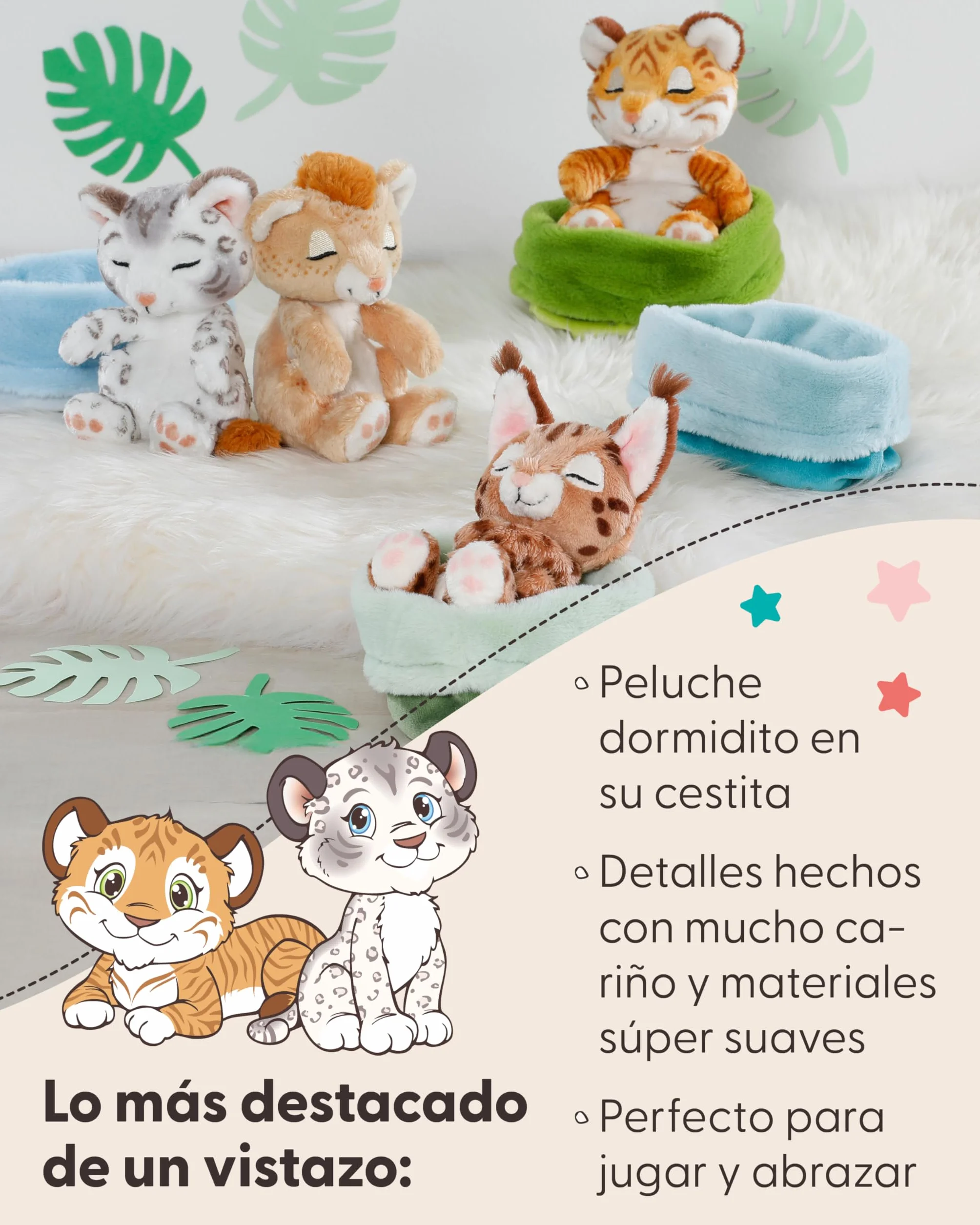 NICI Peluche caracal 12 cm durmiendo en una cestita, marrón, Peluches Decorativos, Juegos para niños, Ideas para Regalar - 62874