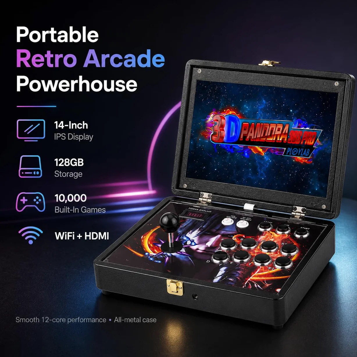 36S - Consola de juegos 3D Retro Arcade de 14 pulgadas, Full HD, 128 GB de almacenamiento | Máquina de juegos portátil WiFi HDMI con carcasa de metal para juegos clásicos de entretenimiento