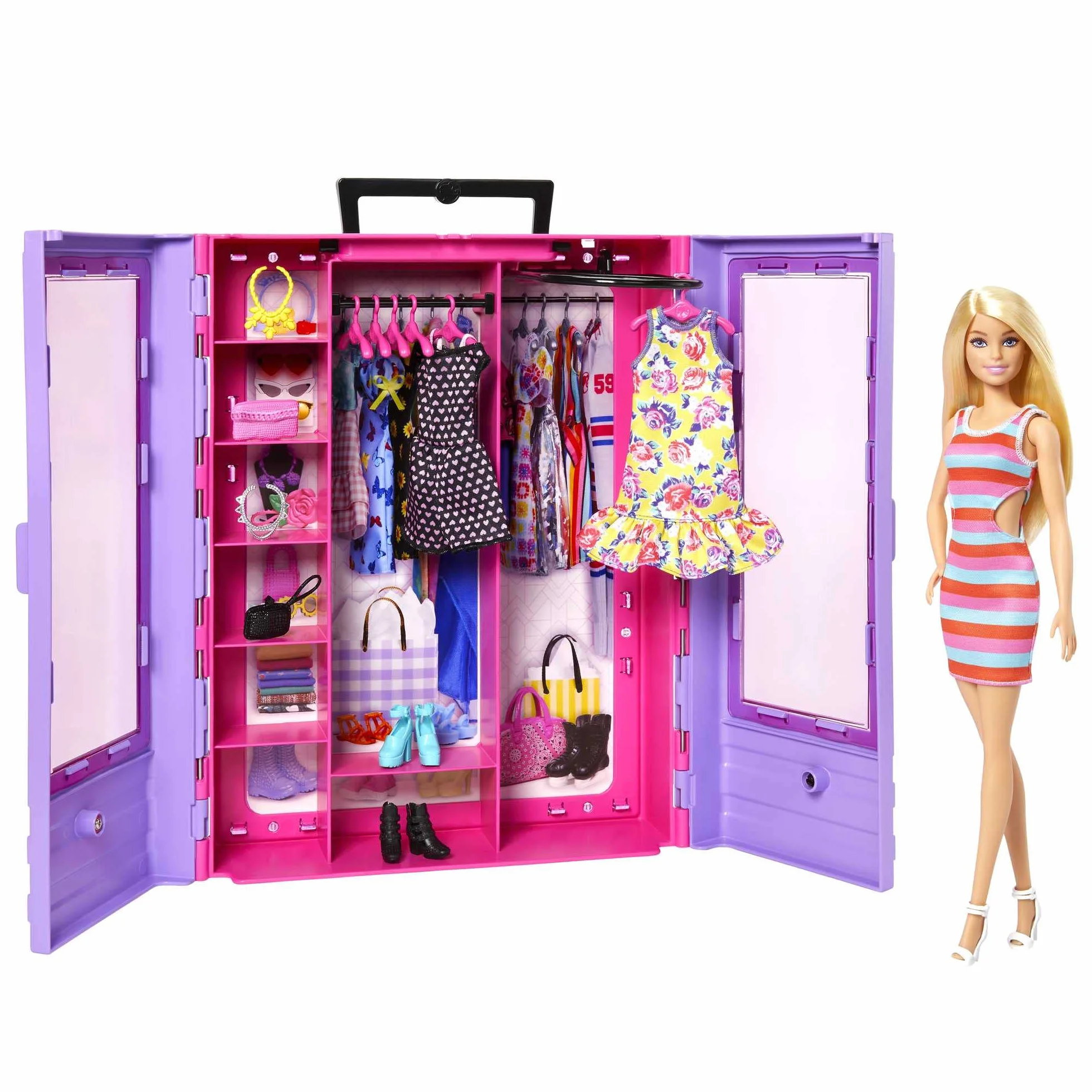 Barbie Fashionista Armario portátil para Ropa de muñeca, Incluye 3 Looks completos, 6 Perchas y muñeca, Juguete +3 años (Mattel HJL66)
