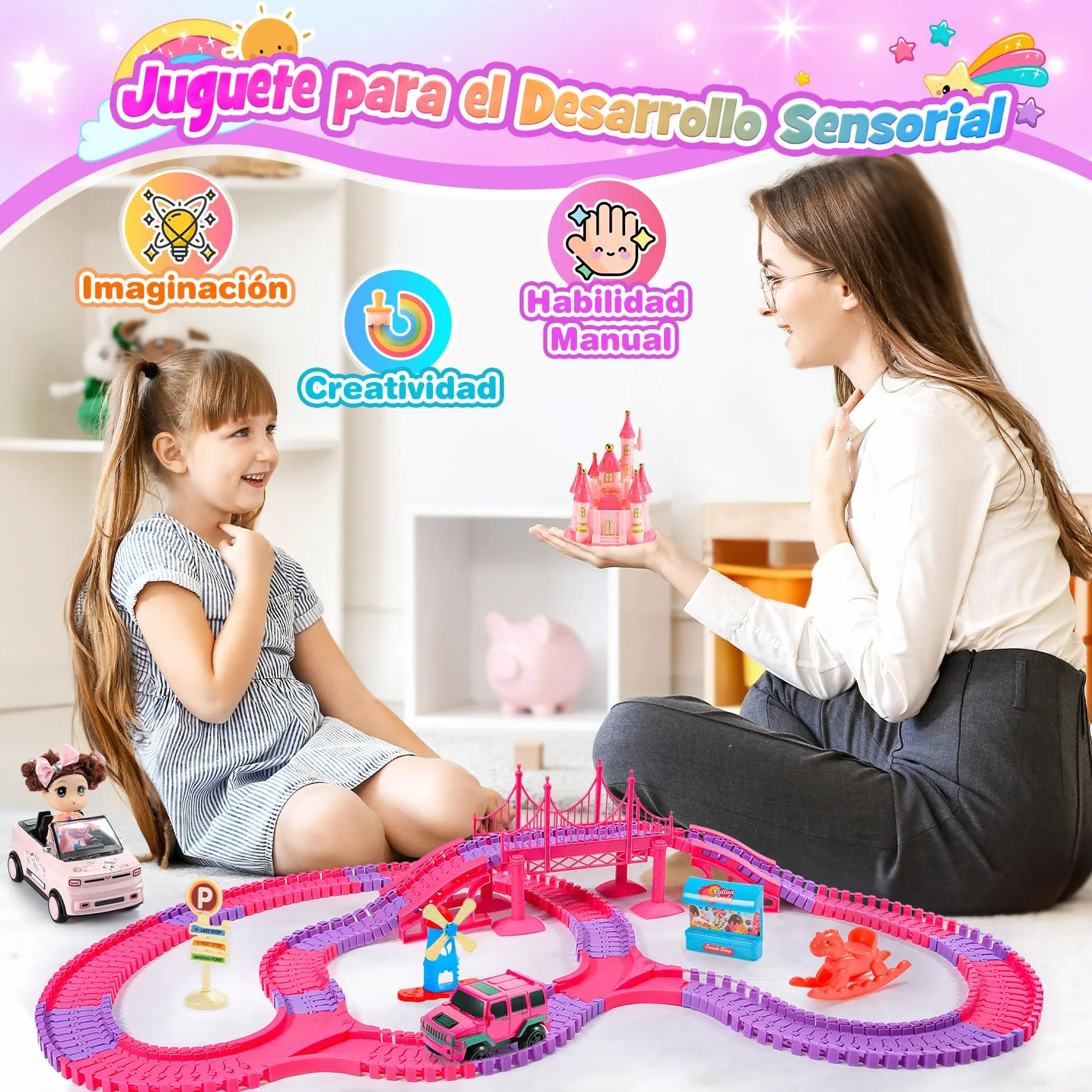 iKidiki Pista FlexIBLE Unicornios y Tiburón para Niñas 3-8 Años - Regalo Cumpleaños