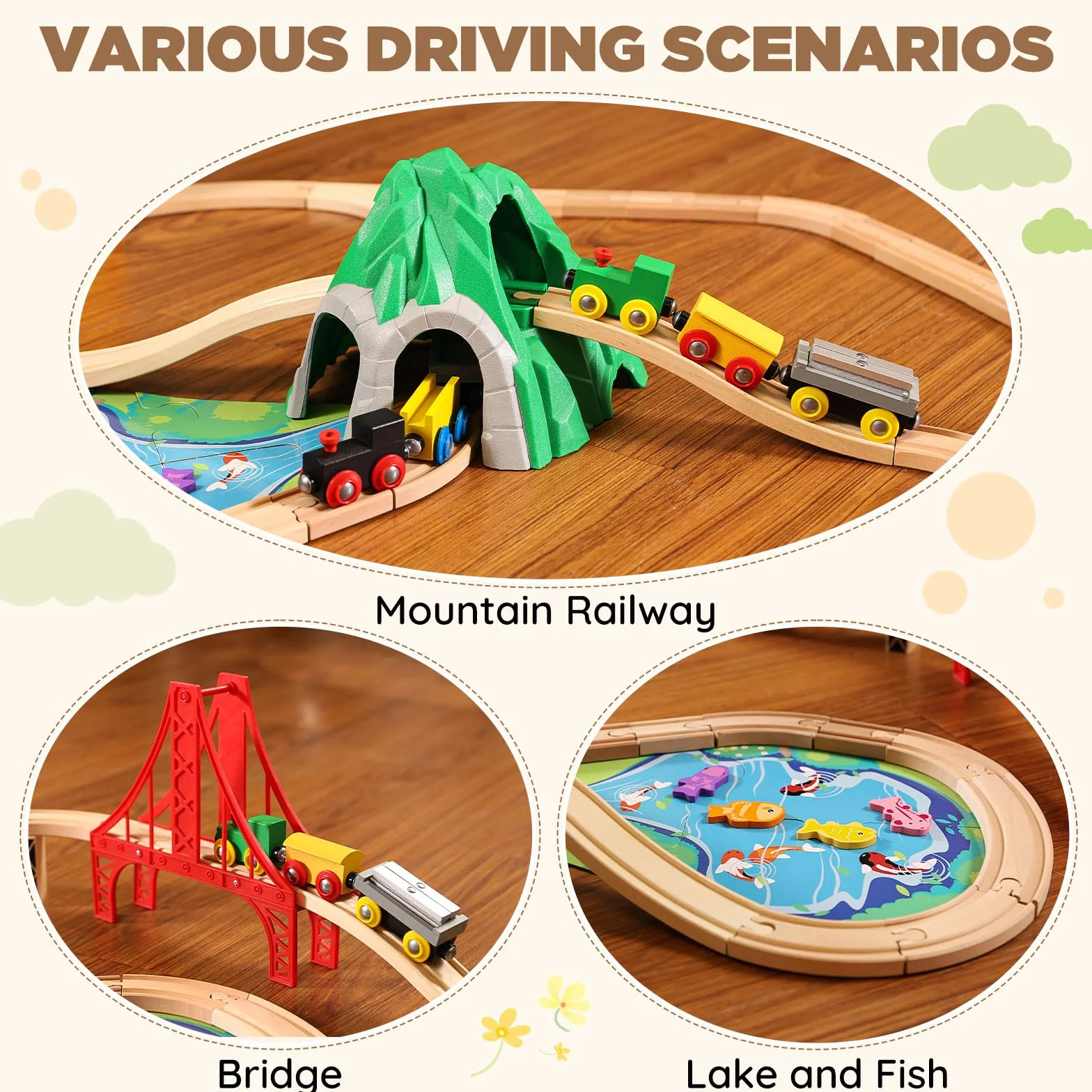 SainSmart Jr. Juego de Tren de Madera de 112 Piezas para niños pequeños, vías de Tren de Doble Cara, Compatible con Brio, Thomas, Melissa y Doug, Juguete de Madera niños y niñas
