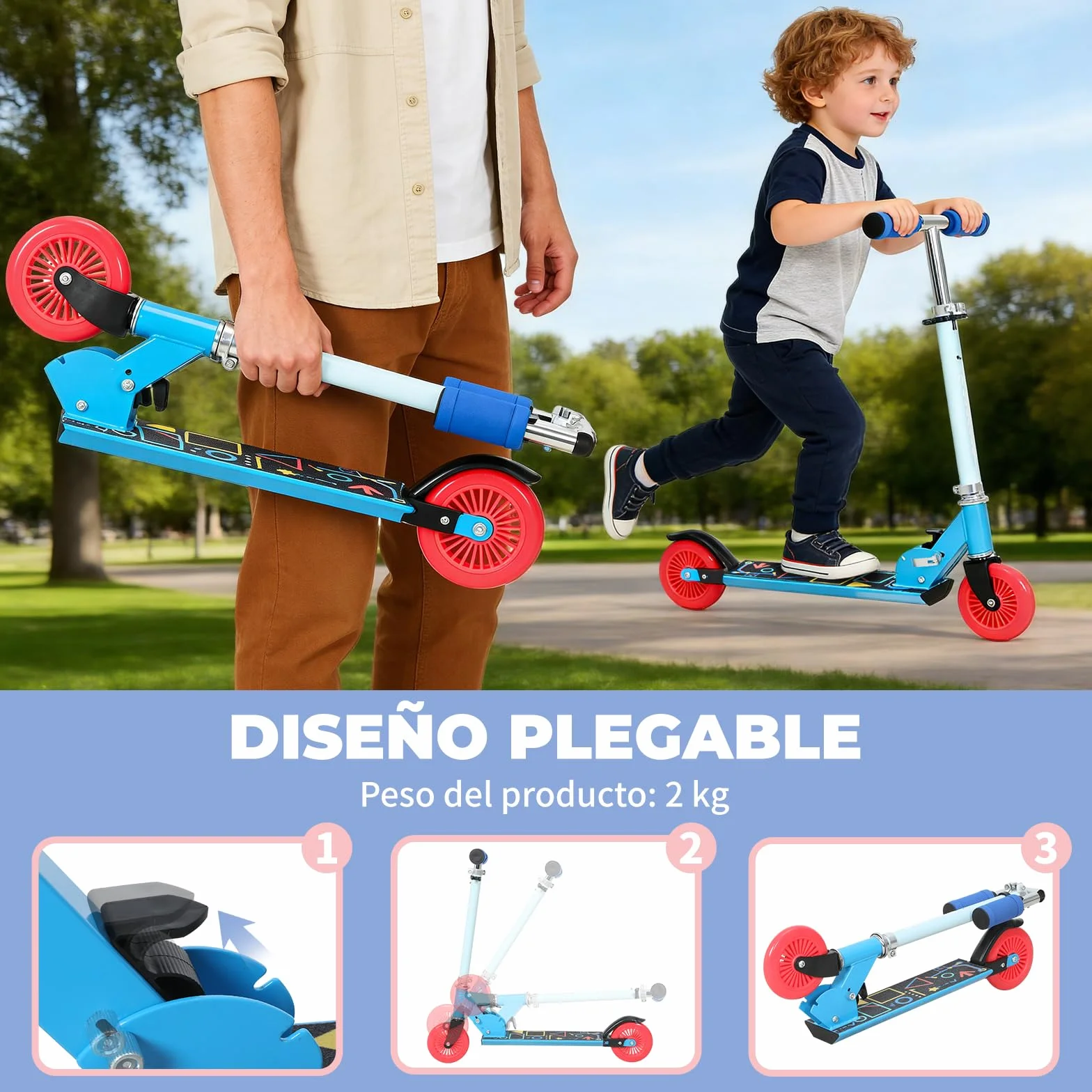 Patinete Scooter Plegable para Niños 4-6 Años, Manillar Ajustable 72-82cm, 2 Ruedas, Freno Posterior, 50kg