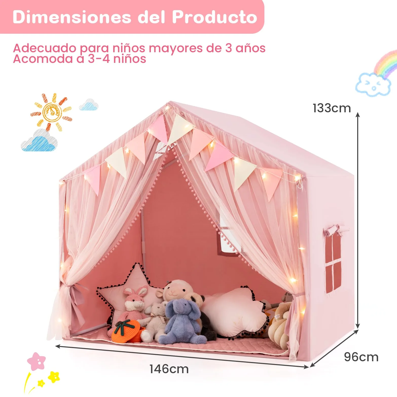 COSTWAY Tienda de Campaña Infantil, Tienda Tipi Infantil con 2 Cortinas de Tela y Malla, Luces de Estrellas, 2 Ventanas Transpirables, Almohadilla de Algodón, Casita Niños Tela para 3-4 Niños (Rosa)