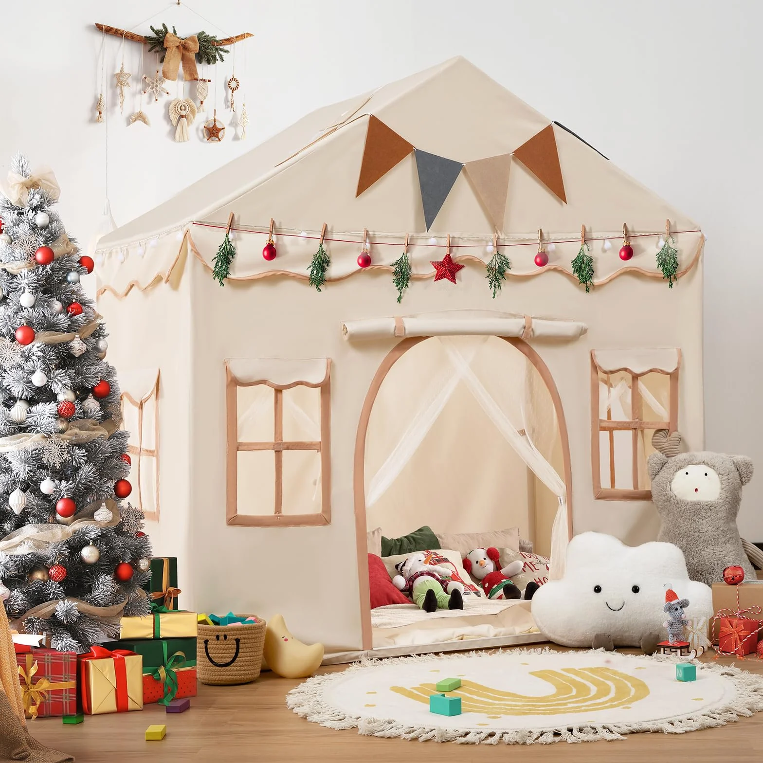 besrey Tienda de Campaña Infantil 2 en1 con Alfombra Acolchada, Luces y Banderas, Casita Infantil Tela de Juegos con 2 Puertas y 4 Ventanas, Cabañas para Niños