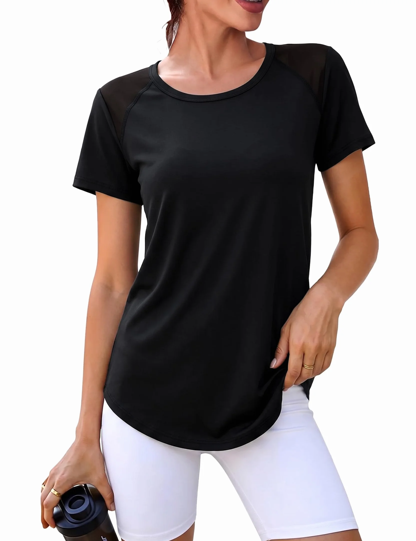 Camiseta Deportiva Mujer Manga Corta Cuello Redondo Secado Rápido Transpirable Yoga Top