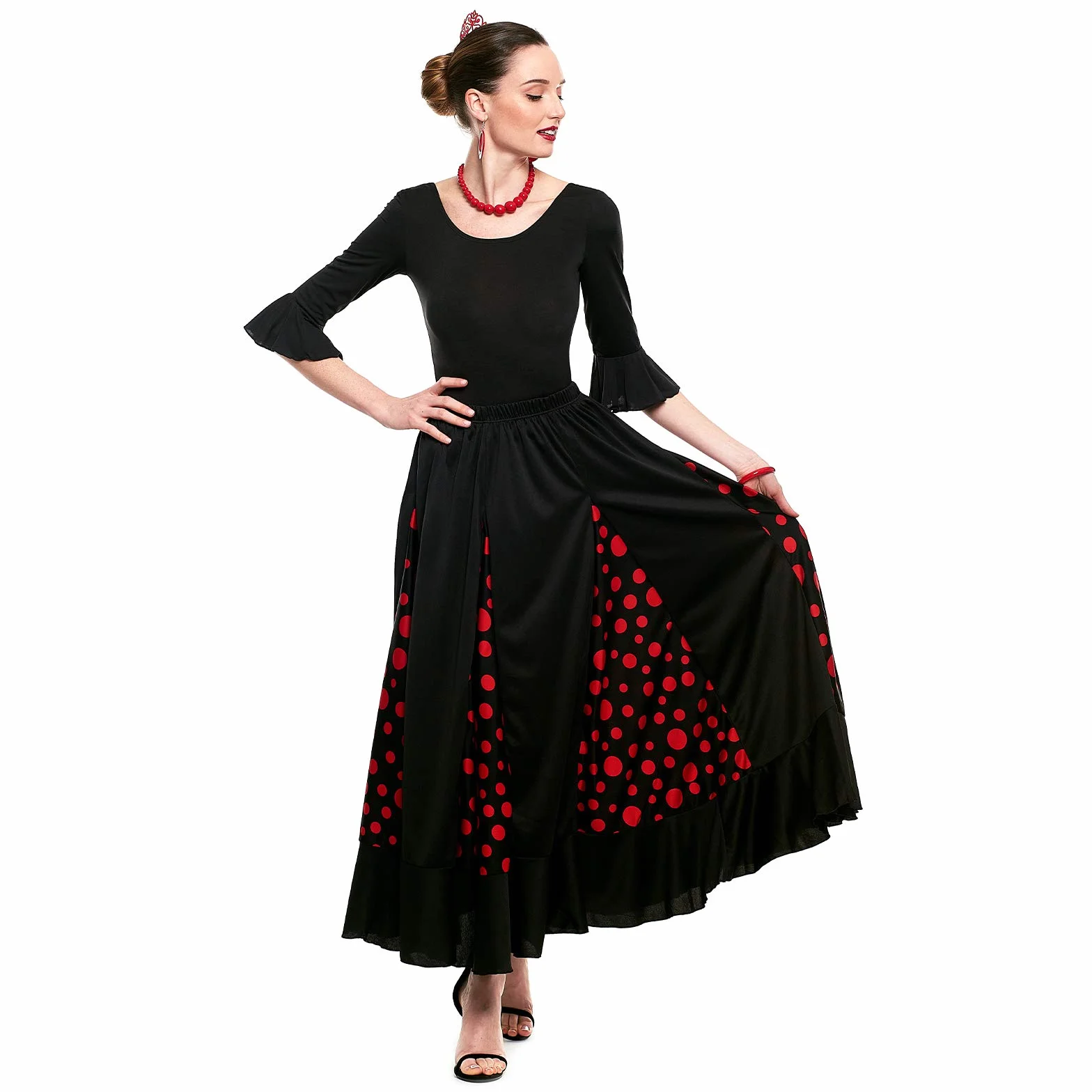 Falda Flamenca Mujer Negra con Quillas Lunares Rojos Tallas Adulto S a XXL Ensayo Baile Danza Disfraz