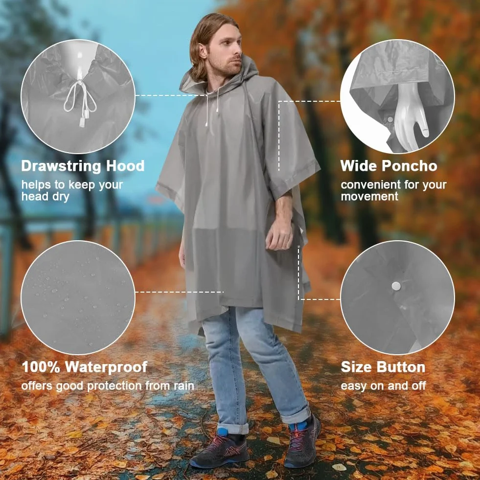 Poncho Impermeable Reutilizable con Capucha 2 Piezas Gris Azul para Senderismo Ciclismo Camping