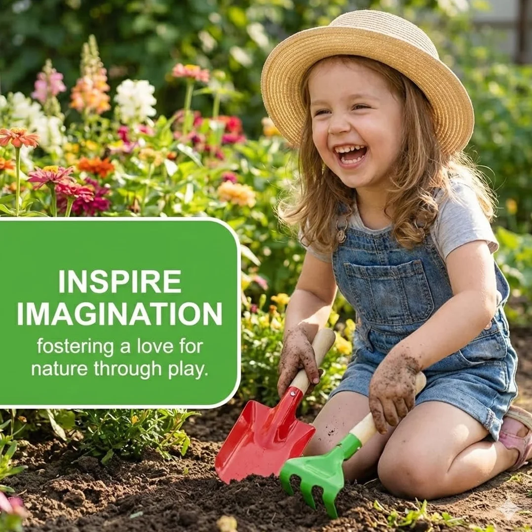 Kit de jardinería infantil de 6 piezas con pala, rastrillo y azada de metal y madera para jardín, balcón, terraza y cajón de arena.