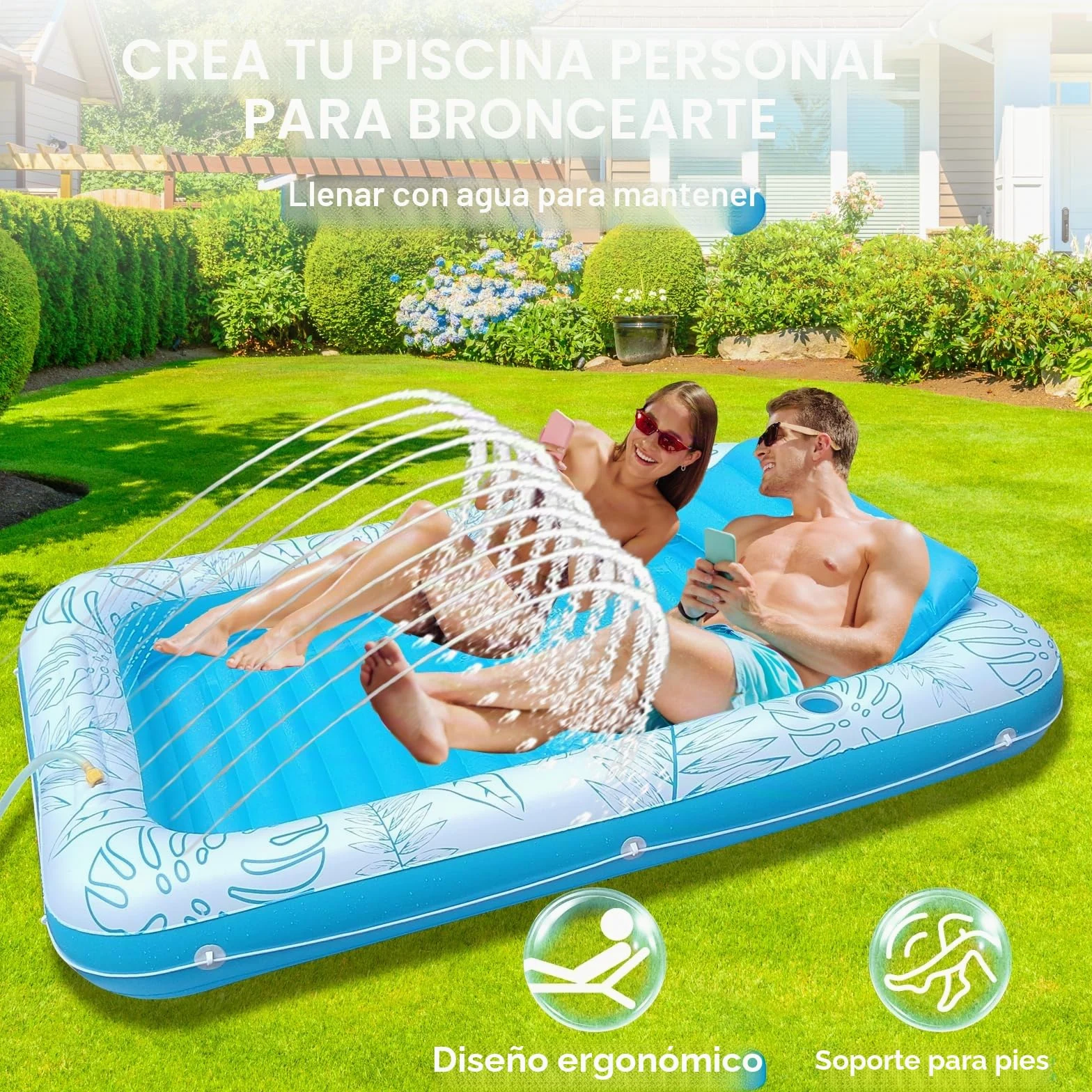 Flotador Inflable Extragrande de 85 x 57 Pulgadas para Piscina de Bronceado con aspersor y portavasos, balsa de Piscina para Adultos para Patio Trasero, Playa o Lago, Rosa/Azul, PVC Duradero, soporta