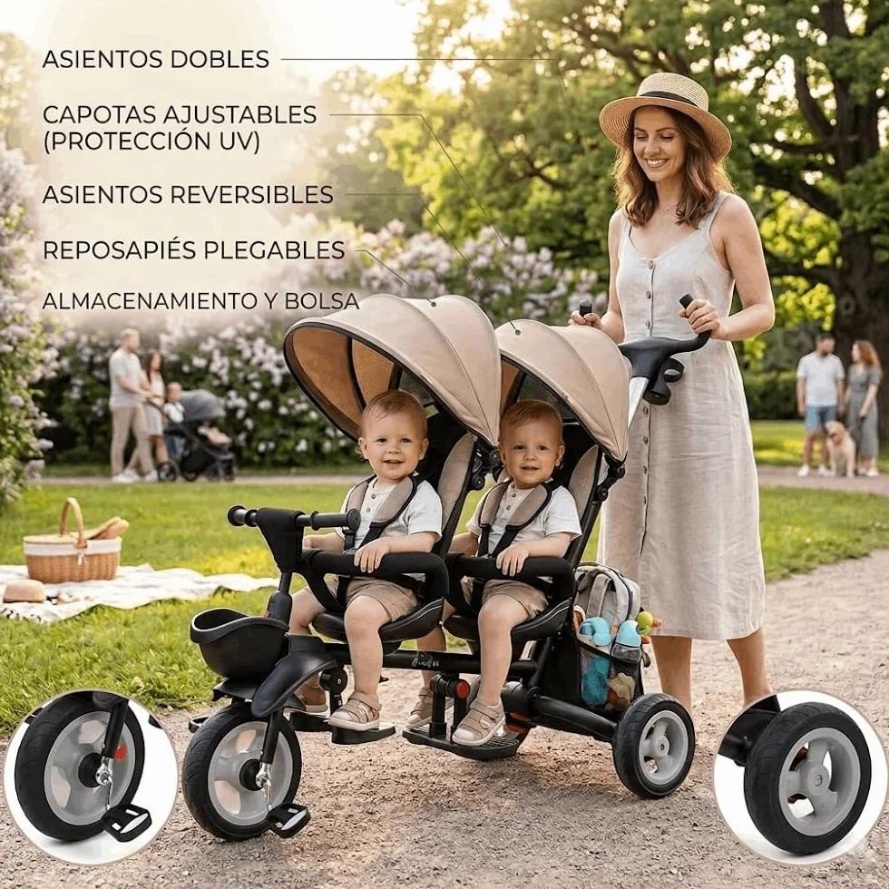 QPlay Triciclo Evolutivo Bebé para Dos | Triciclo para Gemelos o Mellizos, para Bebes Desde 10 Meses hasta los 36 Meses, Paseos en Familia