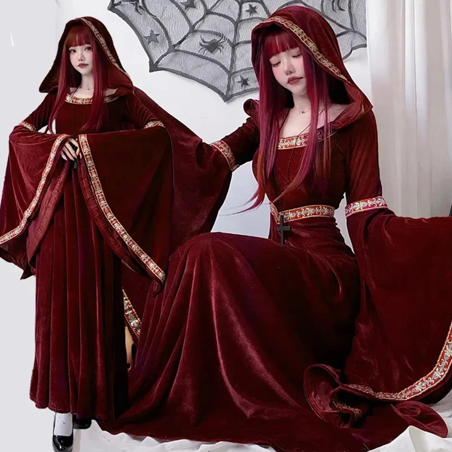 Vestido vintage de bruja Disfraz de vampiro medieval vintage for mujer adulta, vestido bruja largo con sombrero rojo, accesorios escenario