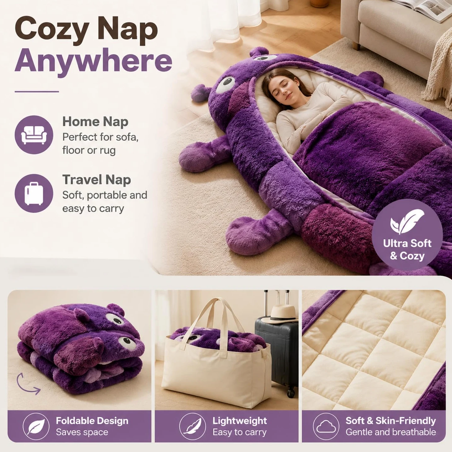 Caterpillar - Saco de dormir de felpa súper suave, forma de capullo de una pieza, plegable, portátil para casa, viajes, camping, bonito diseño de animales (90 pulgadas de longitud)