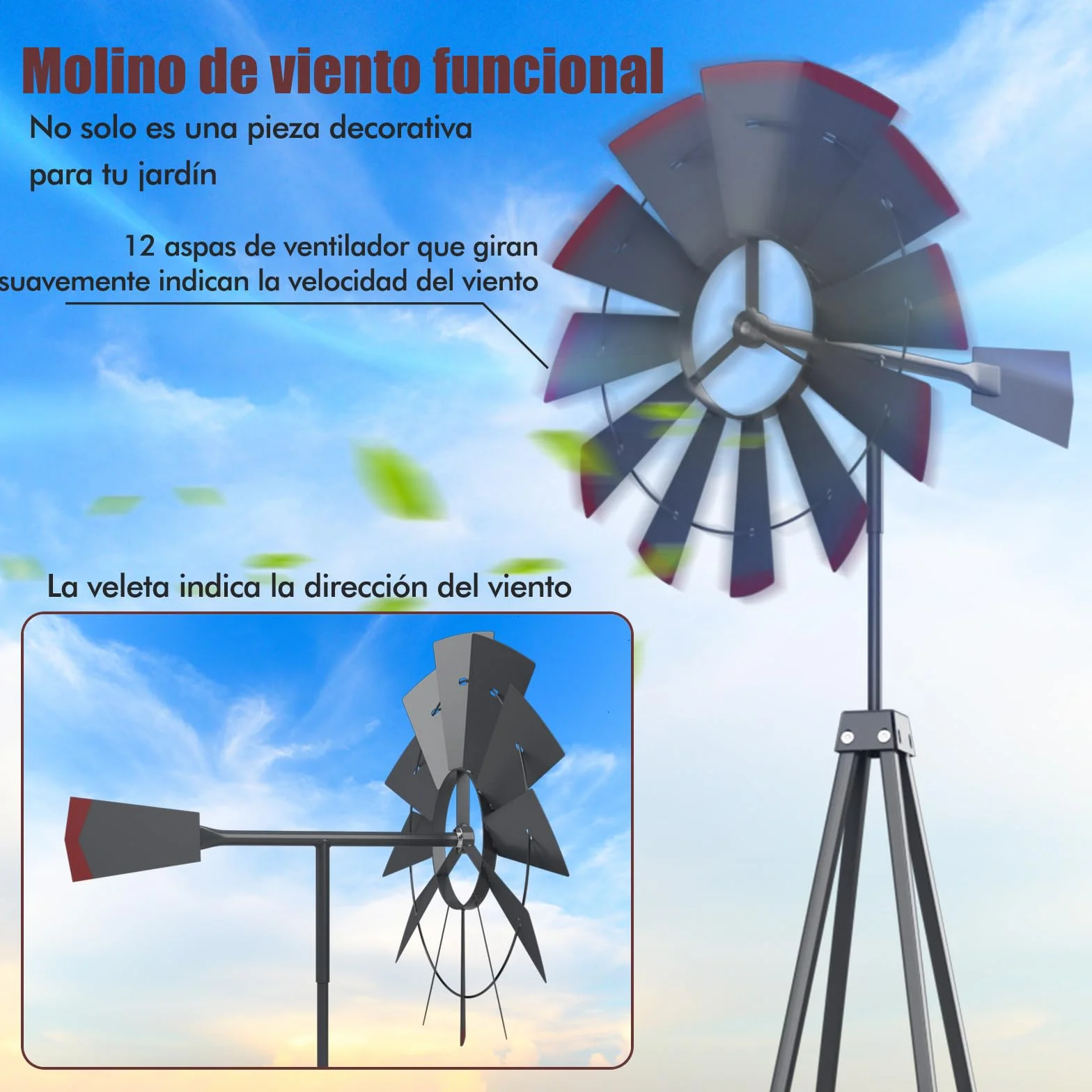COSTWAY Molino de Viento Jardin de 253cm, Rueda de Viento con Rodamiento de Bolas, Molinillo de Viento de Metal Patio, Jardín, Granja, 4 Estacas Incluidas (Gris)