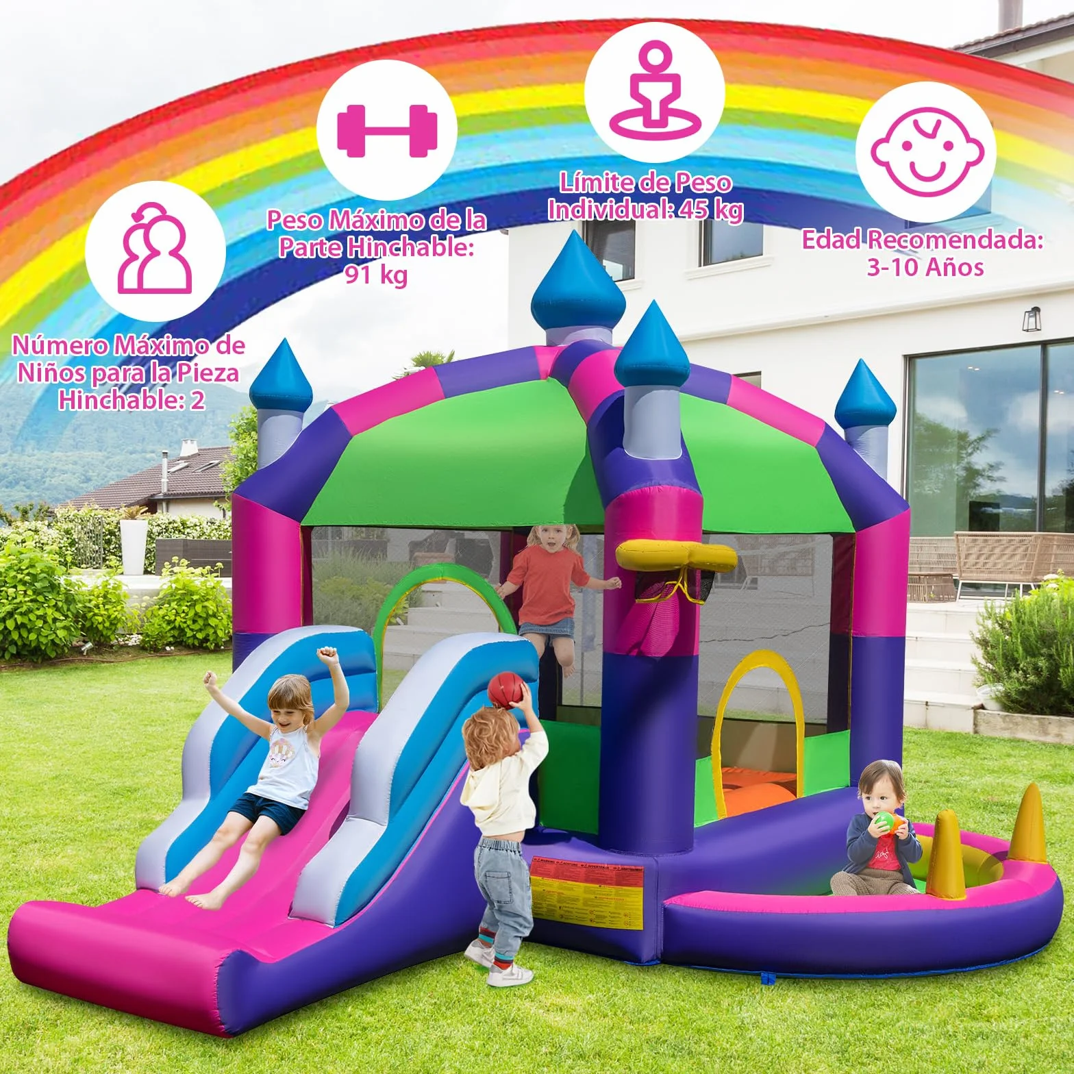 COSTWAY 5 en 1 Castillo Hinchable para Niños, Castillo Hinchable Grande con Tobogán, Piscina de Bolas, Techo Sombreado, para Niños 3-10 Años, Insuflavel Criança Interior Exterior, 385 x 332,5 x 300 cm