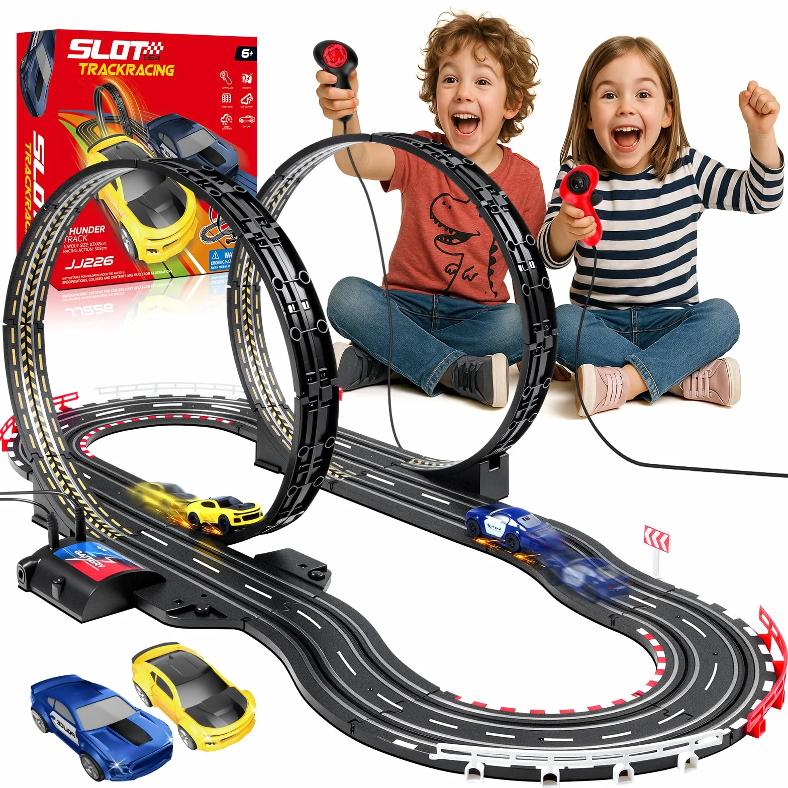 JONRRYIN Pista Carreras Electrica, Pista De Coches para Niños 1:64 Circuito Coches Pista Carreras Niños 3+ Años Juguete Regalos - 2 Coches, Bucle 360°, Contador Vueltas (308CM)