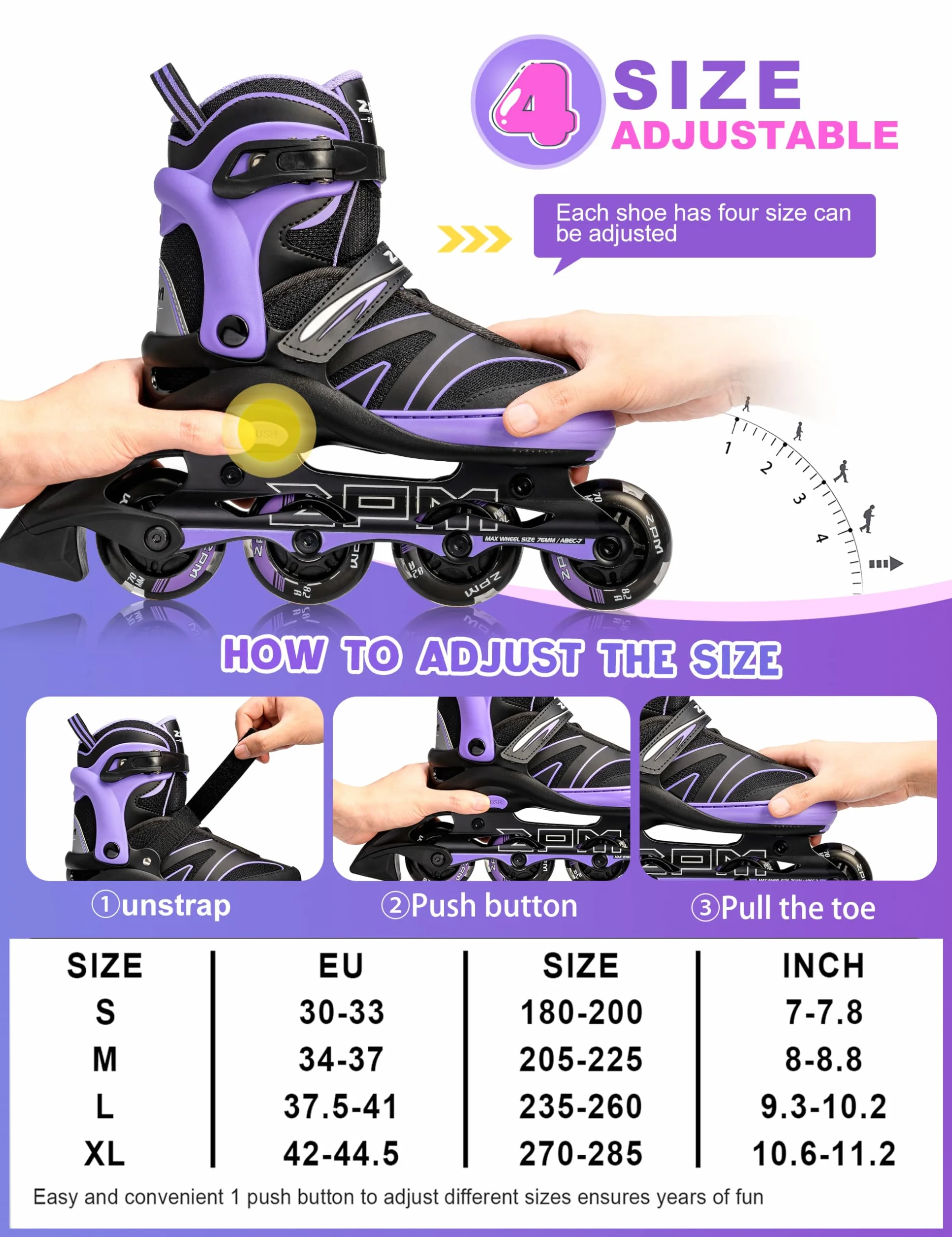 2PM SPORTS Regulable Patines en línea para niños y niñas con Ruedas de PU 82A