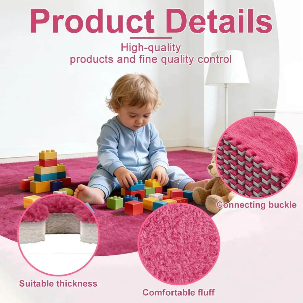Rosa Puzles de espuma de peluche entrelazados, 12 piezas, 30 x 30 cm, alfombra de espuma para el suelo, suaves losetas para el dormitorio y la sala de estar