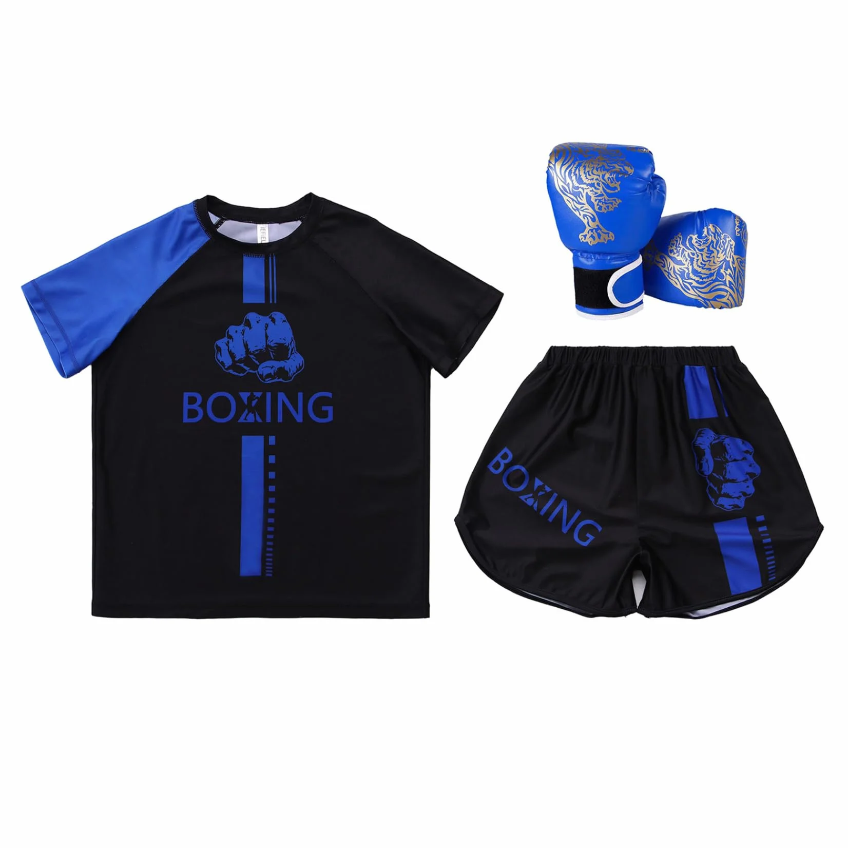 Conjunto de boxeo para niño, camiseta, pantalones cortos y guantes Muay Thai MMA Kickboxing