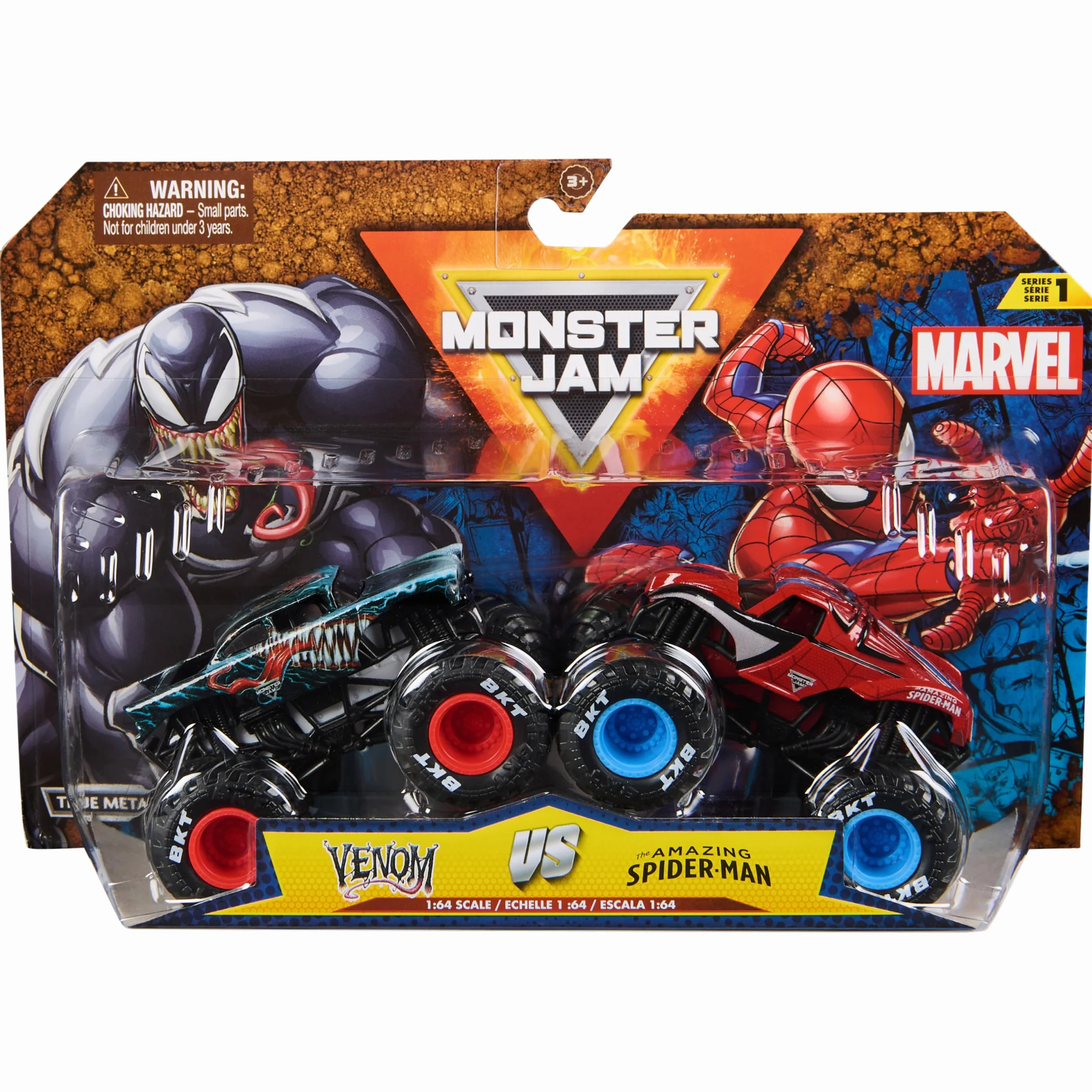 Monster Jam Pack 2 Coches Juguete Monster Truck Marvel Oficial Escala 1:64 Metálicos Venom Spiderman
