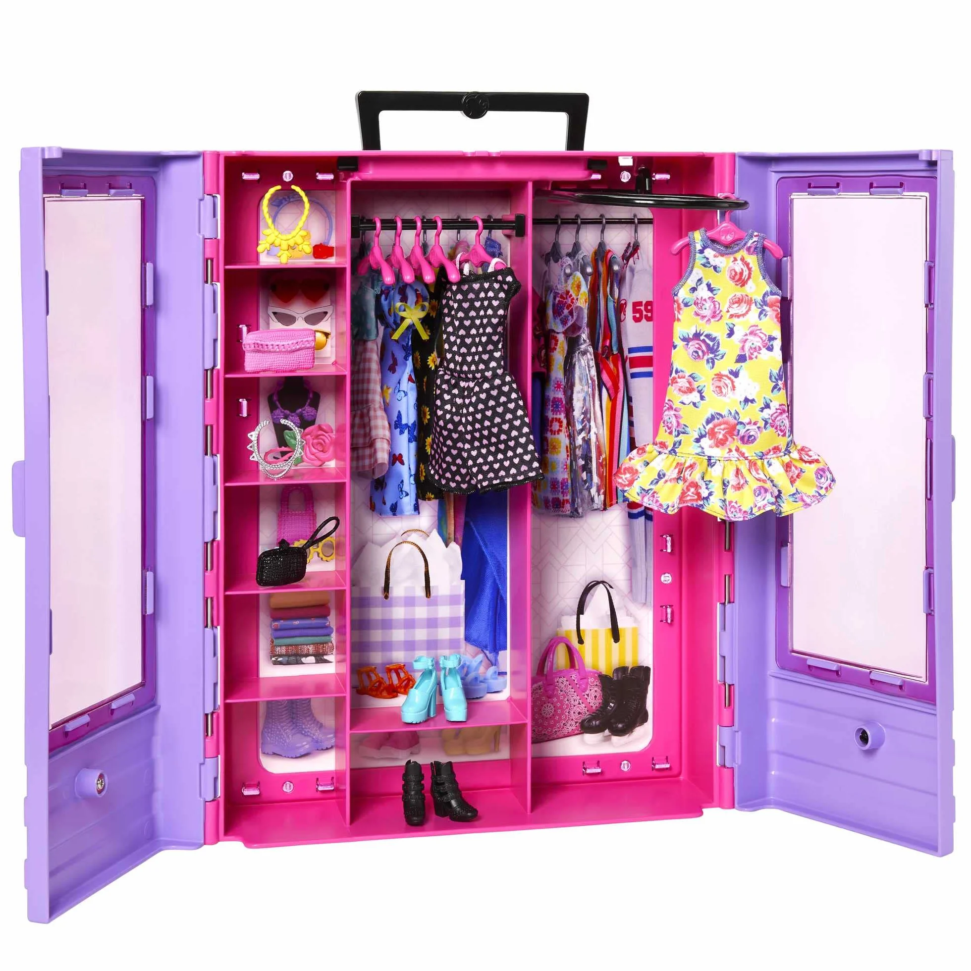 Barbie Fashionista Armario portátil para Ropa de muñeca, Incluye 3 Looks completos, 6 Perchas y muñeca, Juguete +3 años (Mattel HJL66)