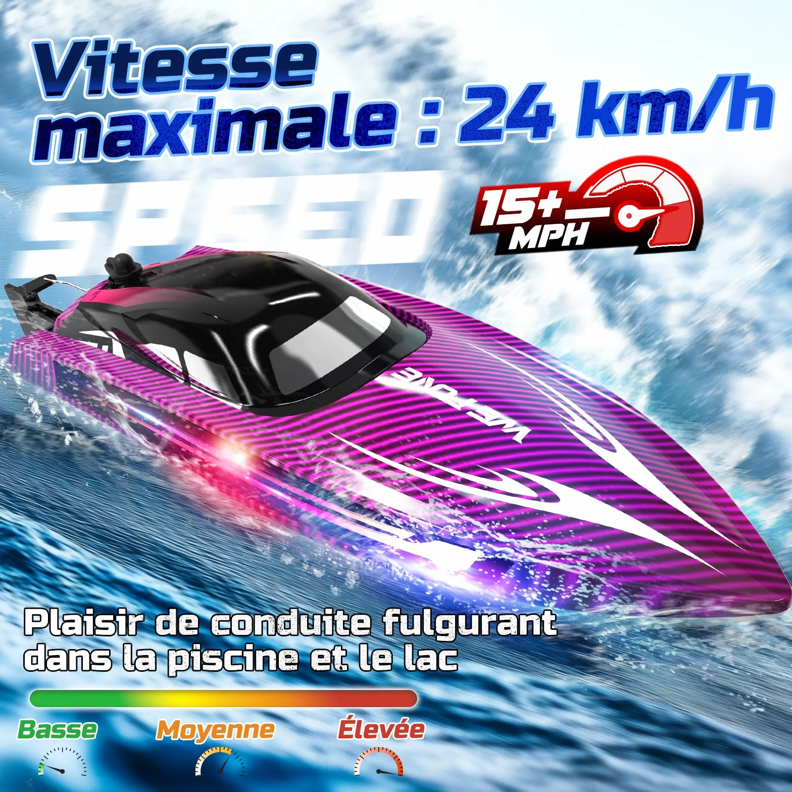 WeFone Barco RC de Alta Velocidad para Niños y Adultos, Más de 15 mph, Lancha Teledirigida con Luces LED, Autoenderezable, Modo Demo, Impermeable, Piscinas y Lagos, 2 Baterías 40 Min, Morado