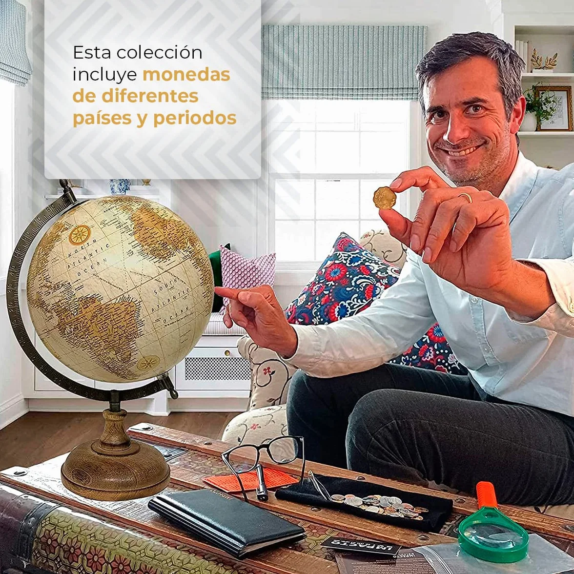 IMPACTO COLECCIONABLES | 1 kg de Monedas del Mundo Auténticas en Cofre de Madera – Gran Variedad de Monedas Antiguas para Ampliar tu Colección – Incluye Certificado de Autenticidad