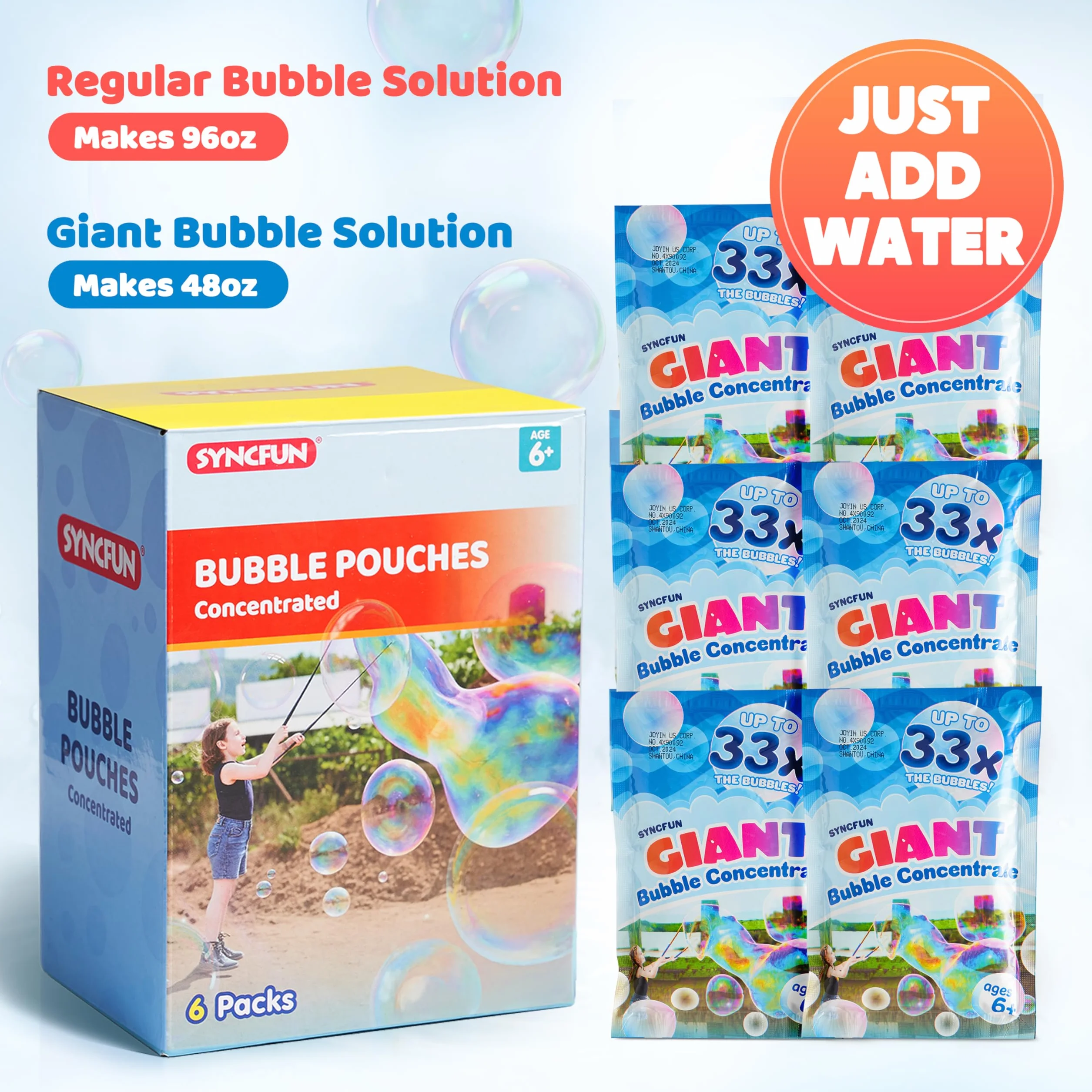 SYNCFUN 6 Paquetes de Solución Concentrada de Burbujas Gigantes (hasta 4,5 Galones), 6 Bolsas de Recambio de Solución para Máquina de Burbujas, Varitas, Soplador, Pascua, Actividad al Aire Libre