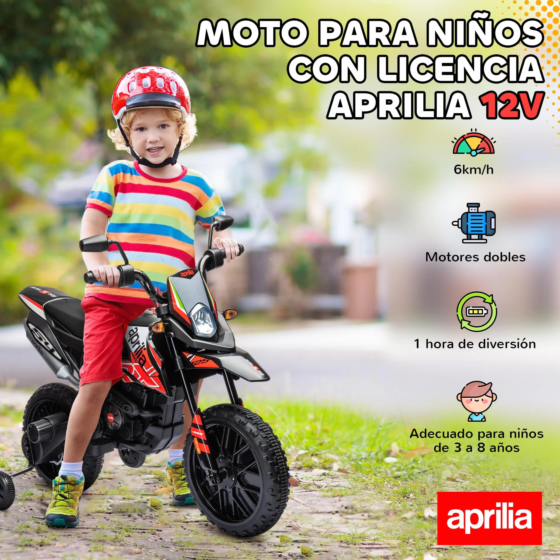 AIYAPLAY Moto Eléctrica Infantil 12V Aprilia con Ruedas Auxiliares, 6 km/h, Rojo