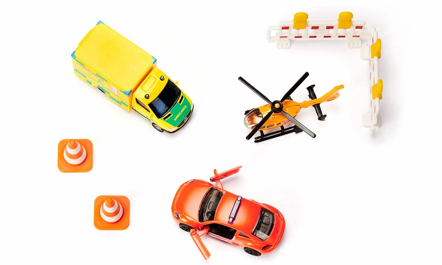 Siku 6332, Set de vehículos de Rescate, Ambulancia VW Beetle, Vehículo de Salvamento Mercedes, Helicóptero de Rescate, Set de Juguete, Plástico/Metal, Multicolor, Incluye 2 balizas y 2 Conos